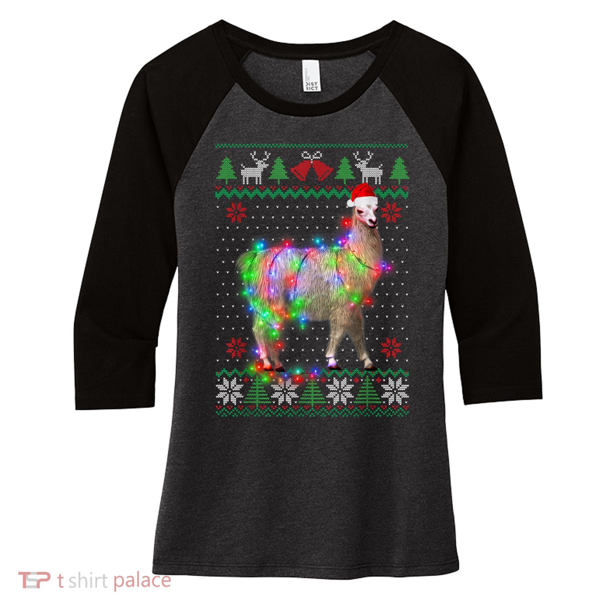 Funny Llama Lights Tangled Ugly Sweater Christmas Animals Women's Tri-Blend 3/4-Sleeve Raglan Shirt