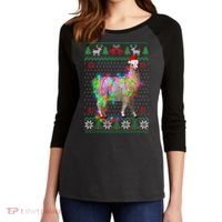 Funny Llama Lights Tangled Ugly Sweater Christmas Animals Women's Tri-Blend 3/4-Sleeve Raglan Shirt thumb 2