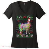 Funny Llama Lights Tangled Ugly Sweater Christmas Animals Women's V-Neck T-Shirt thumb 0