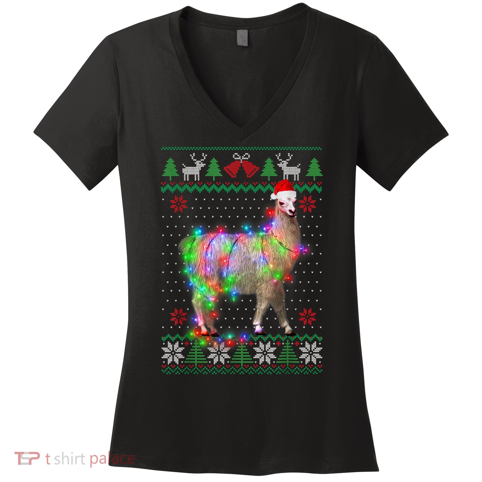 Funny Llama Lights Tangled Ugly Sweater Christmas Animals Women's V-Neck T-Shirt