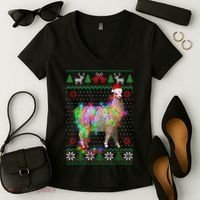 Funny Llama Lights Tangled Ugly Sweater Christmas Animals Women's V-Neck T-Shirt thumb 2
