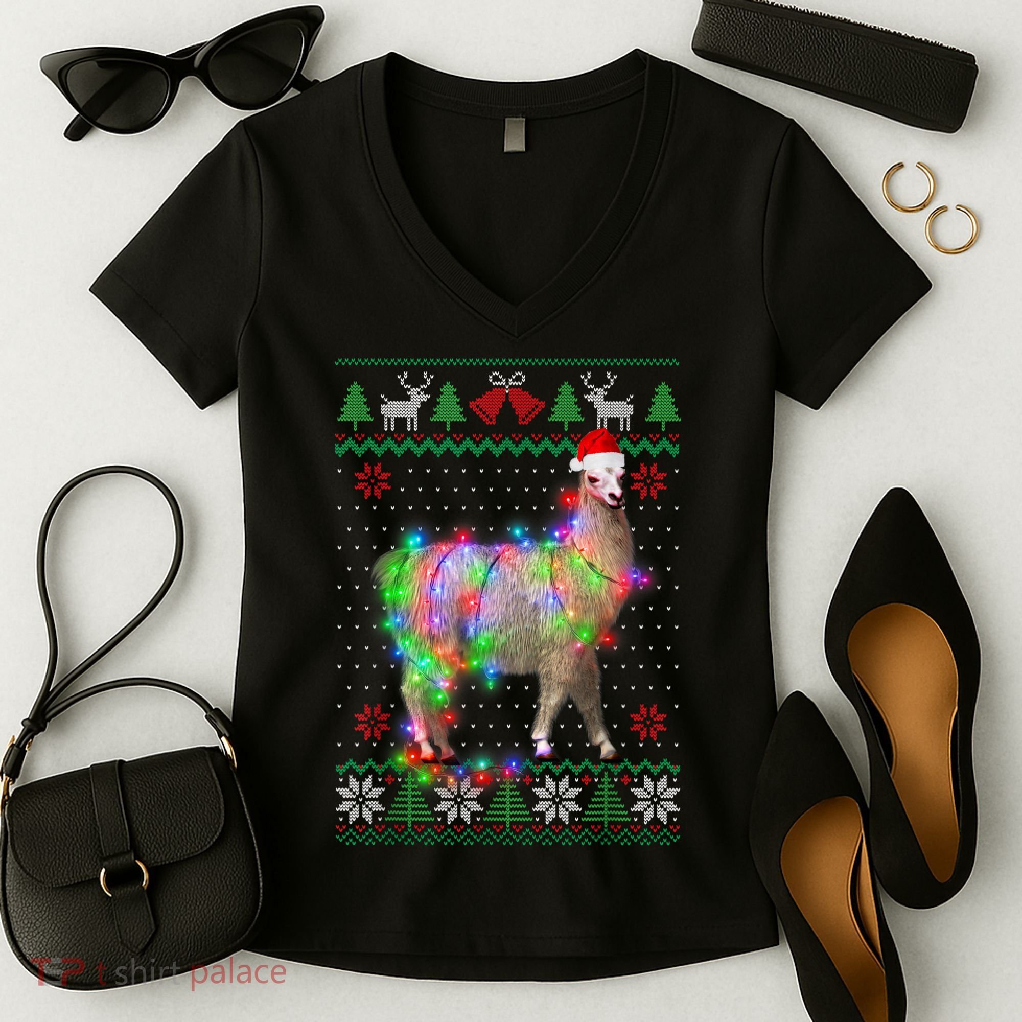 Funny Llama Lights Tangled Ugly Sweater Christmas Animals Women's V-Neck T-Shirt