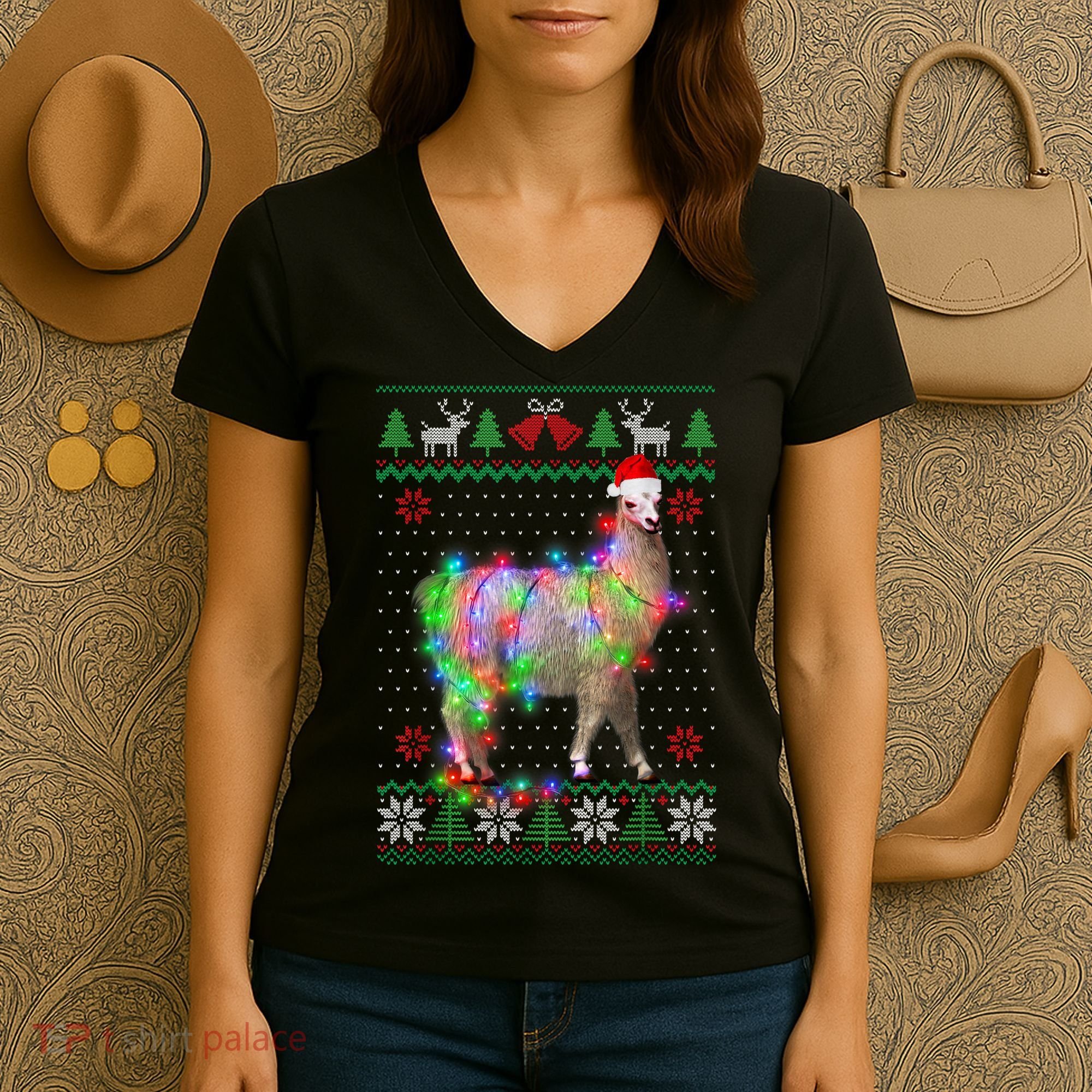 Funny Llama Lights Tangled Ugly Sweater Christmas Animals Women's V-Neck T-Shirt