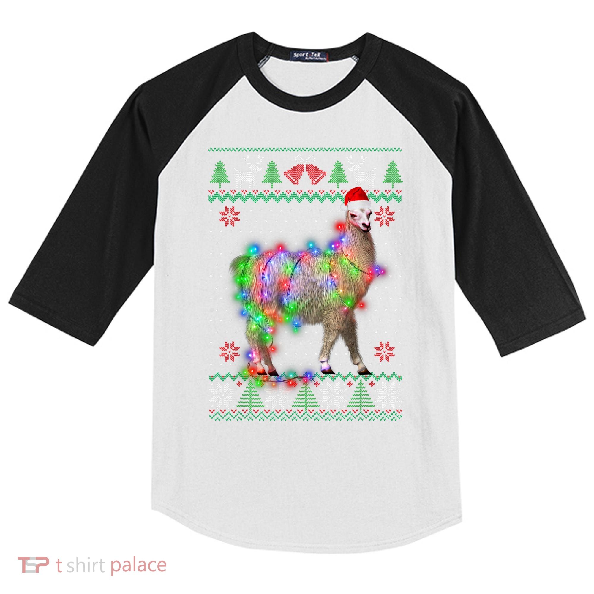Funny Llama Lights Tangled Ugly Sweater Christmas Animals Kids Colorblock Raglan Jersey