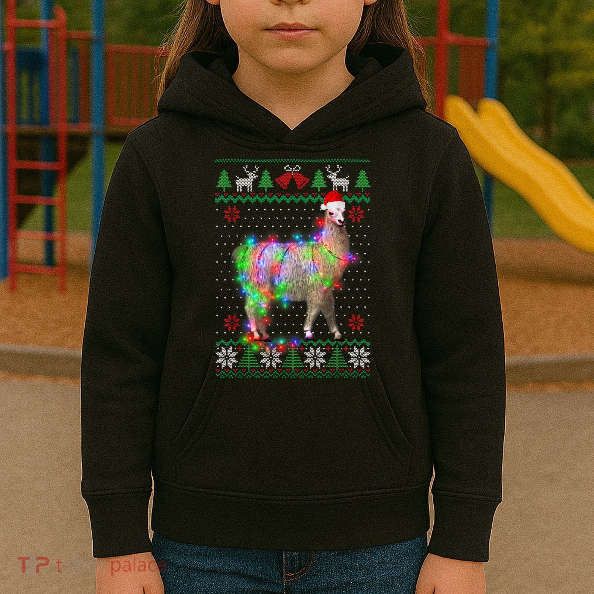 Funny Llama Lights Tangled Ugly Sweater Christmas Animals Kids Hoodie