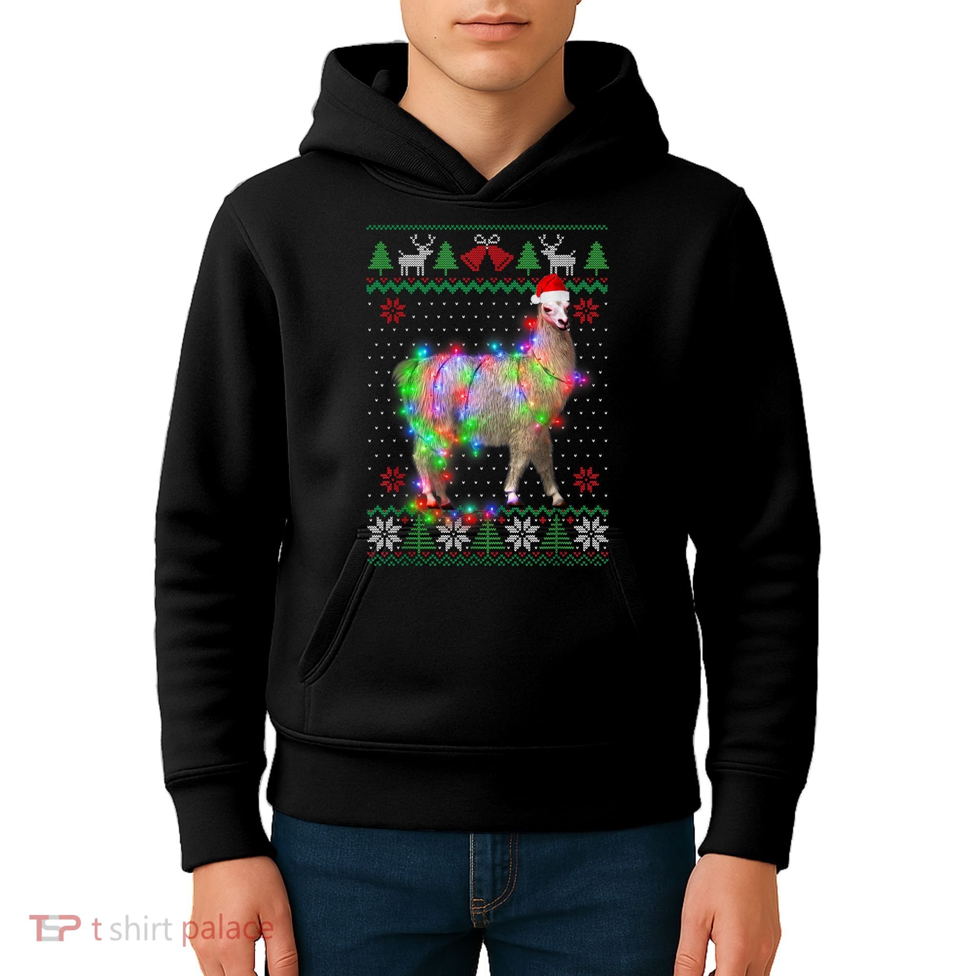 Funny Llama Lights Tangled Ugly Sweater Christmas Animals Kids Hoodie