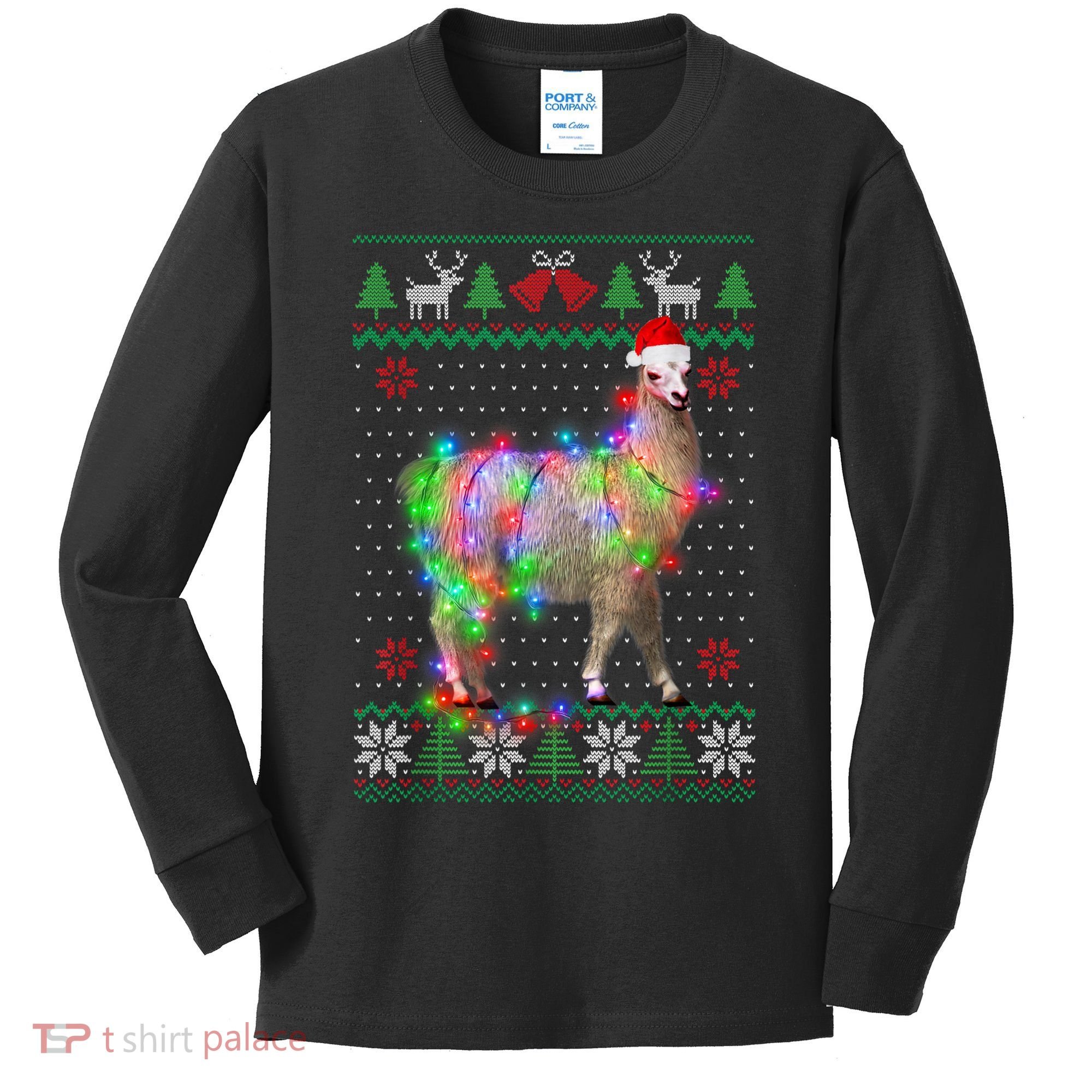 Funny Llama Lights Tangled Ugly Sweater Christmas Animals Kids Long Sleeve Shirt