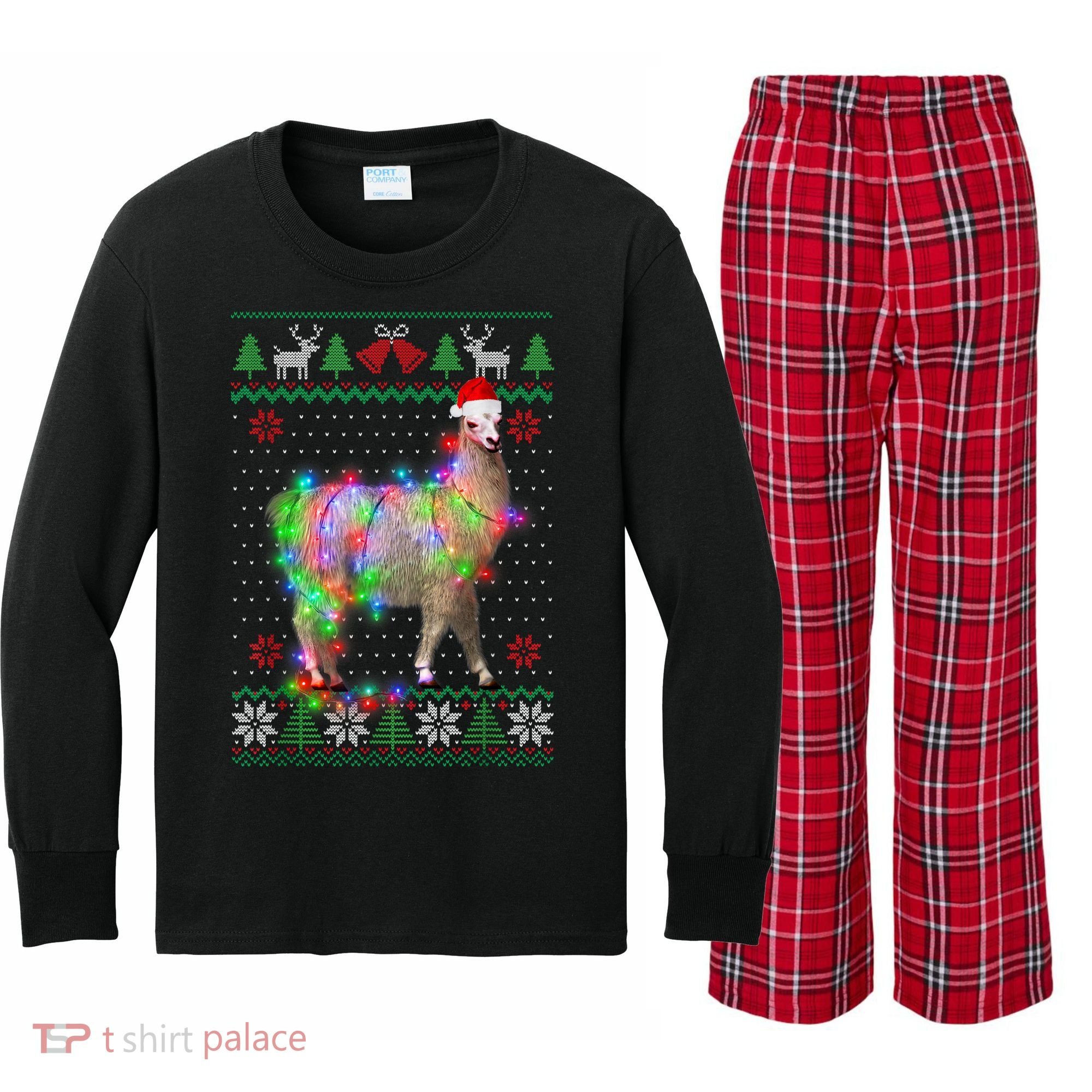 Funny Llama Lights Tangled Ugly Sweater Christmas Animals Kids Long Sleeve Plaid Pajama Set