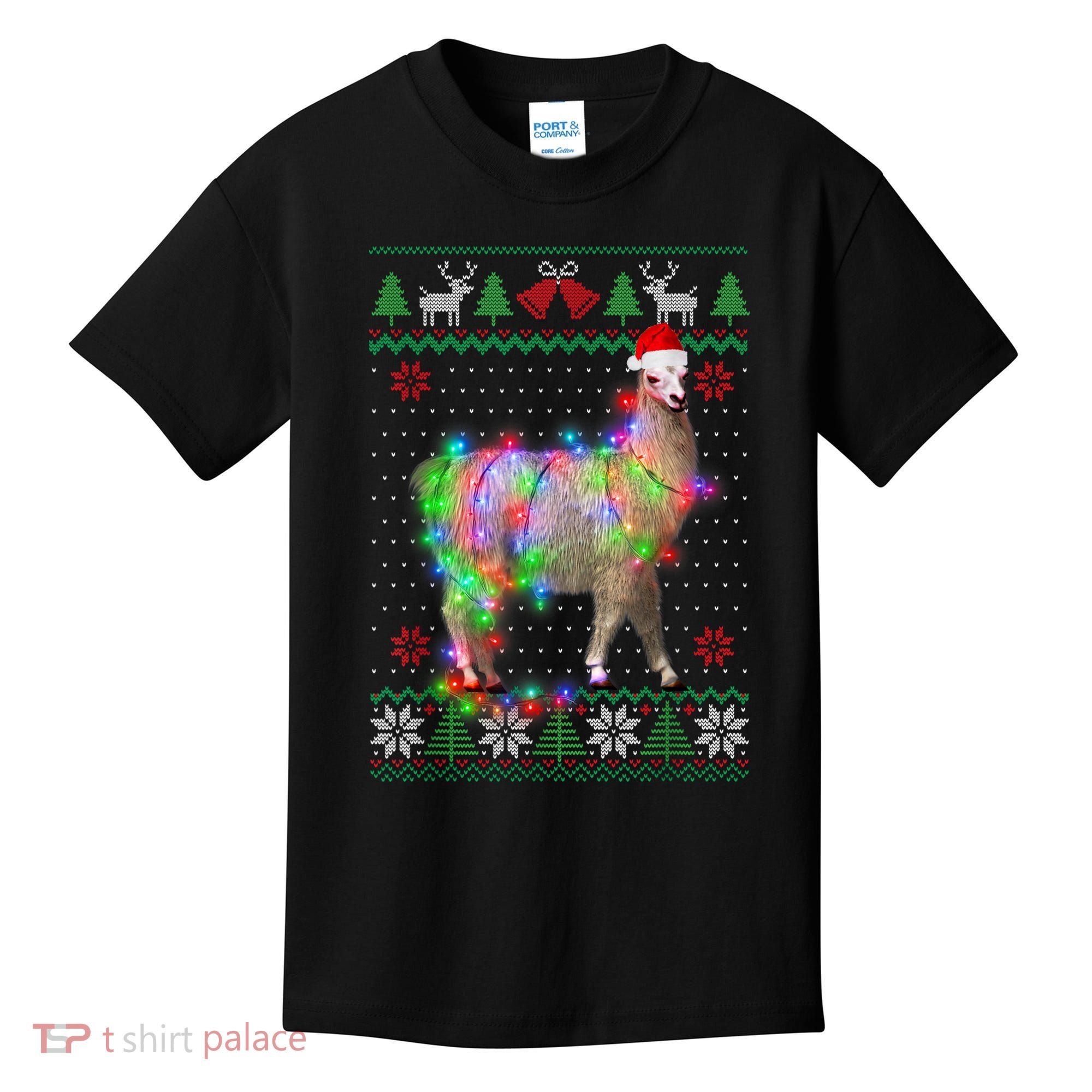Funny Llama Lights Tangled Ugly Sweater Christmas Animals Kids T-Shirt