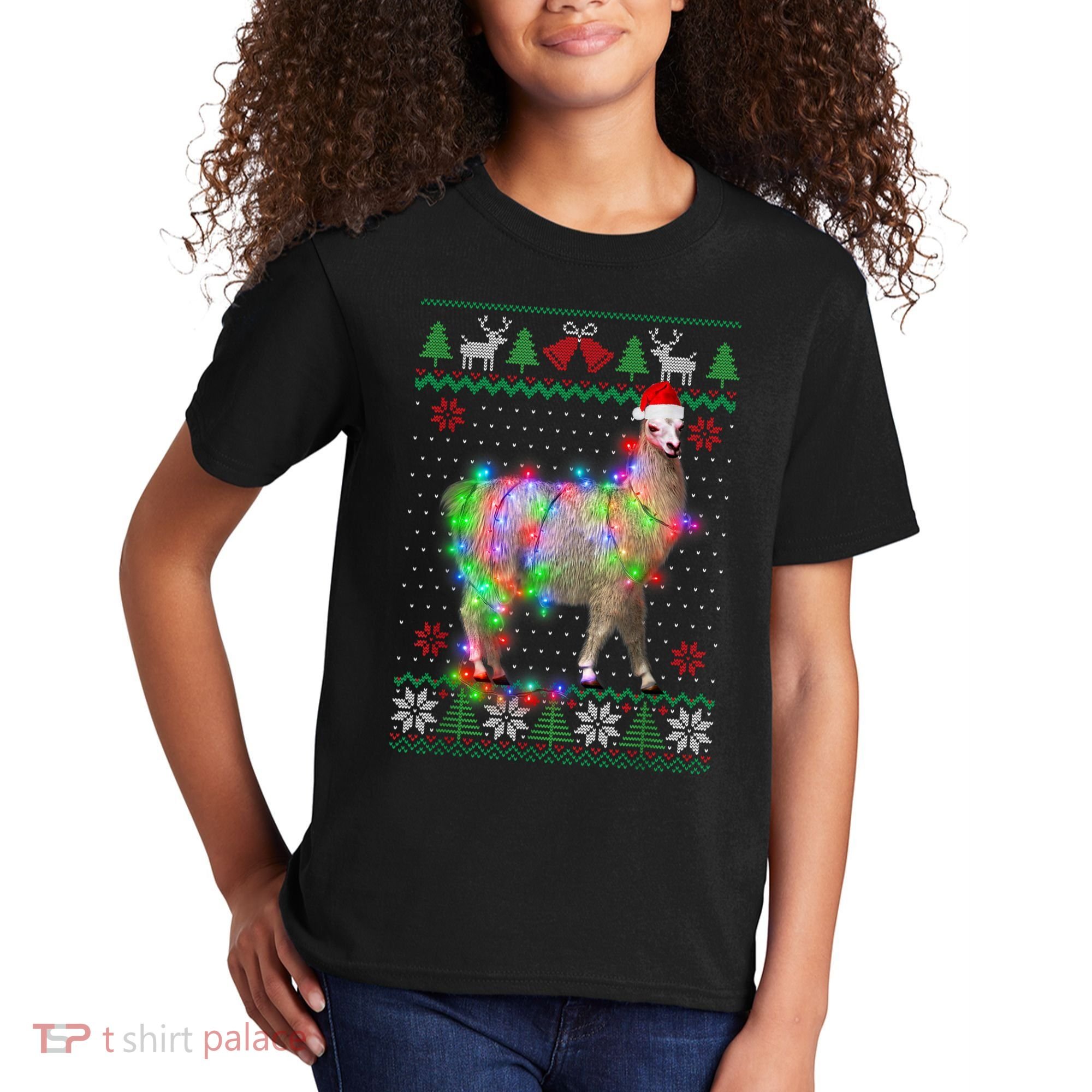 Funny Llama Lights Tangled Ugly Sweater Christmas Animals Kids T-Shirt
