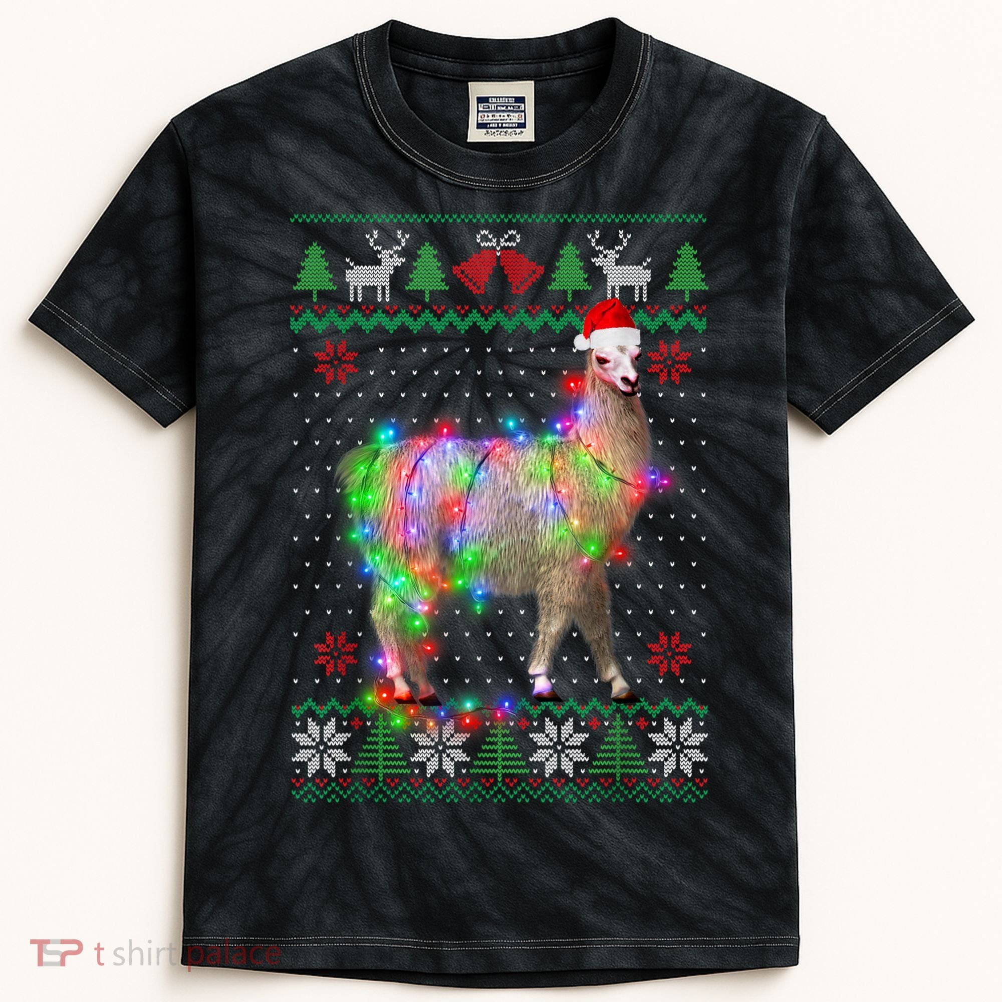 Funny Llama Lights Tangled Ugly Sweater Christmas Animals Kids Tie-Dye T-Shirt
