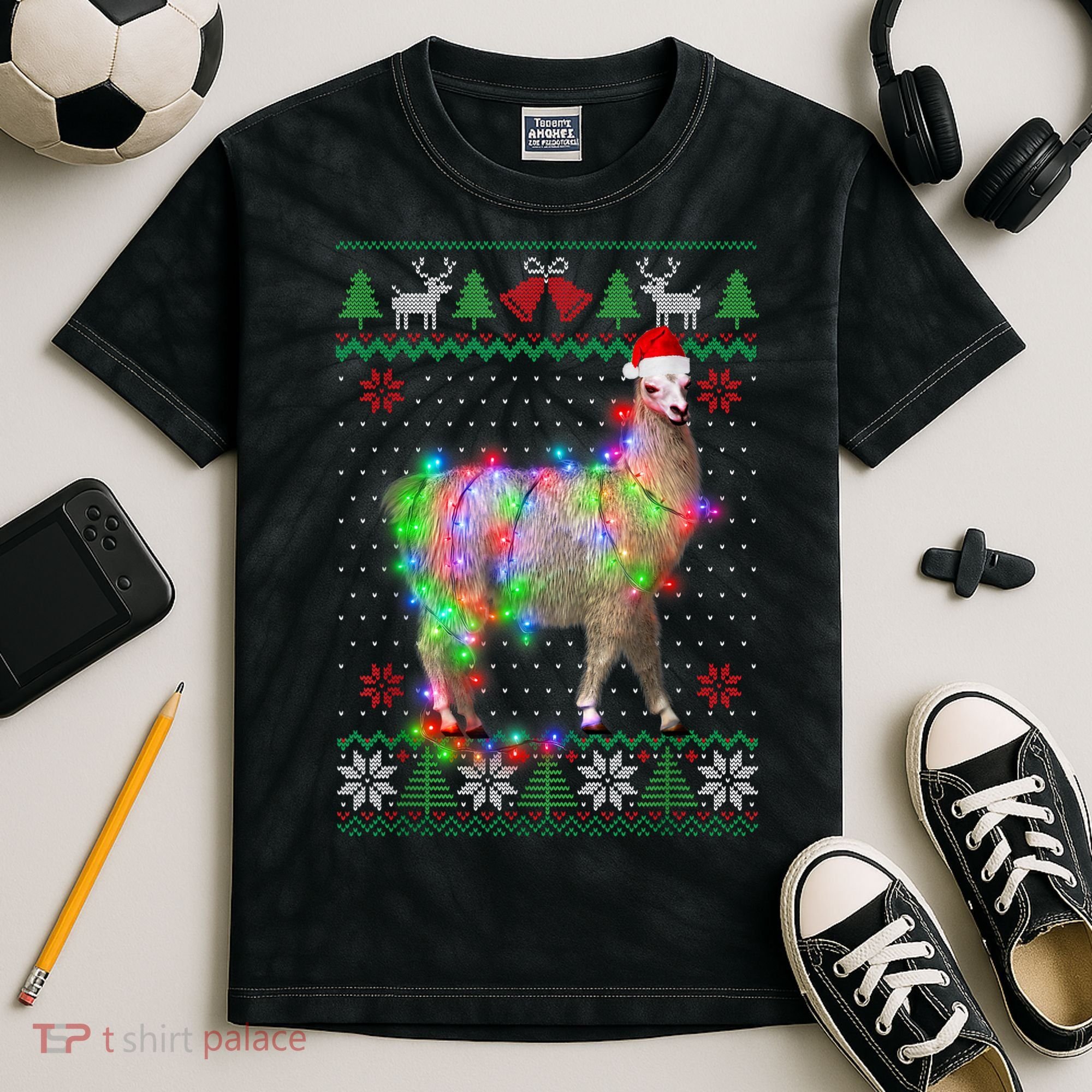 Funny Llama Lights Tangled Ugly Sweater Christmas Animals Kids Tie-Dye T-Shirt