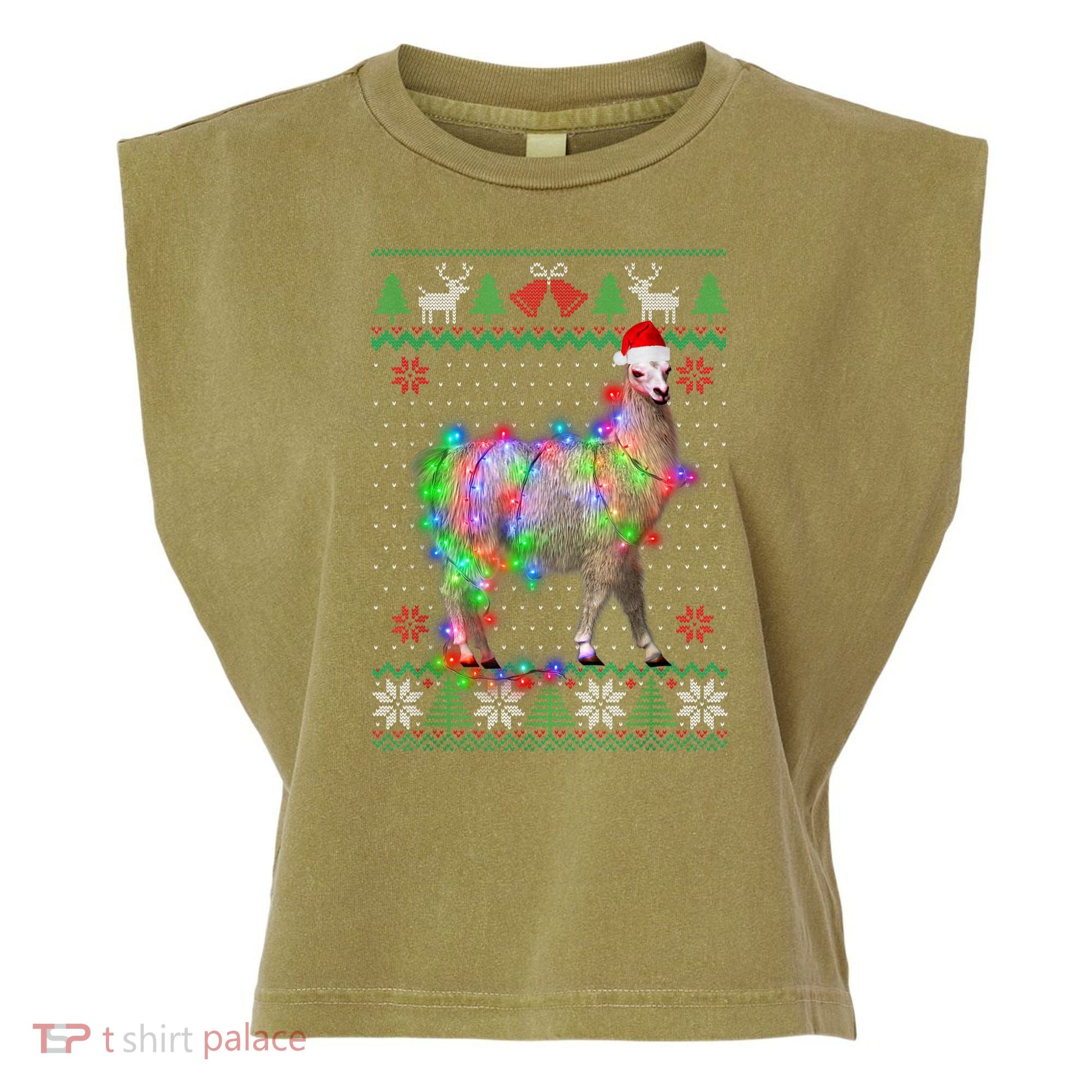 Funny Llama Lights Tangled Ugly Sweater Christmas Animals Garment-Dyed Women's Muscle Tee