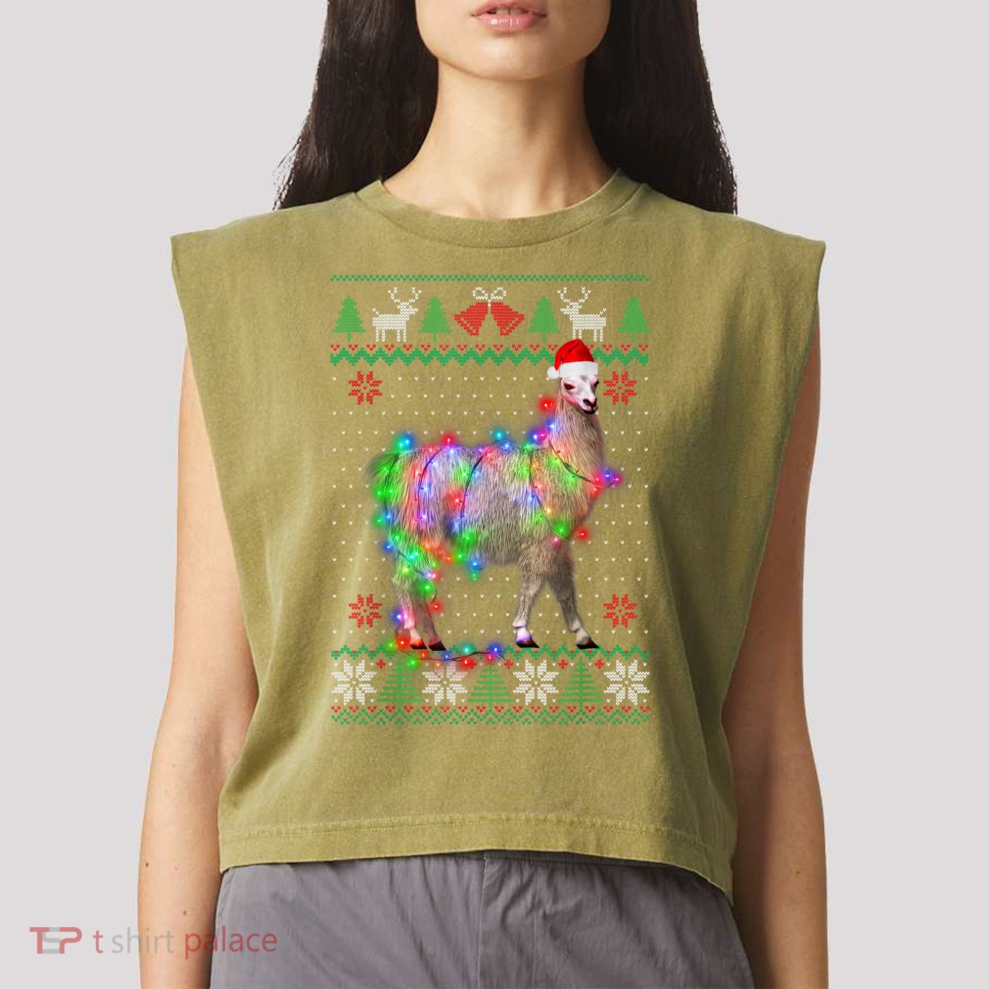 Funny Llama Lights Tangled Ugly Sweater Christmas Animals Garment-Dyed Women's Muscle Tee