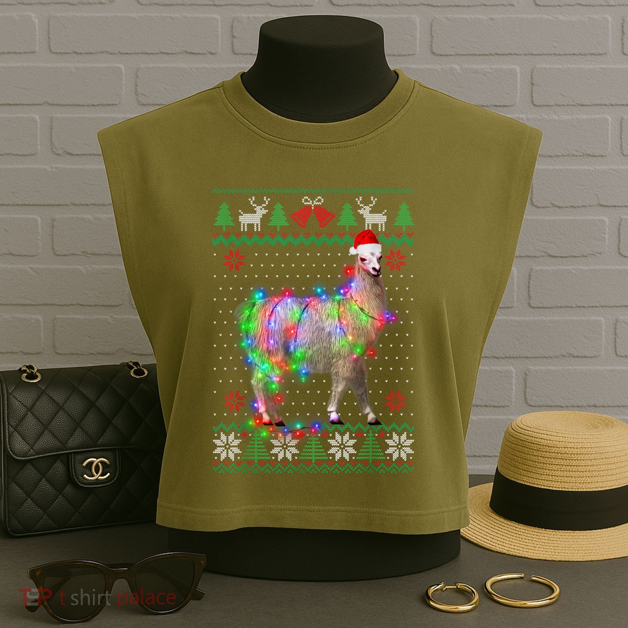 Funny Llama Lights Tangled Ugly Sweater Christmas Animals Garment-Dyed Women's Muscle Tee