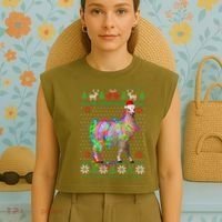Funny Llama Lights Tangled Ugly Sweater Christmas Animals Garment-Dyed Women's Muscle Tee thumb 4