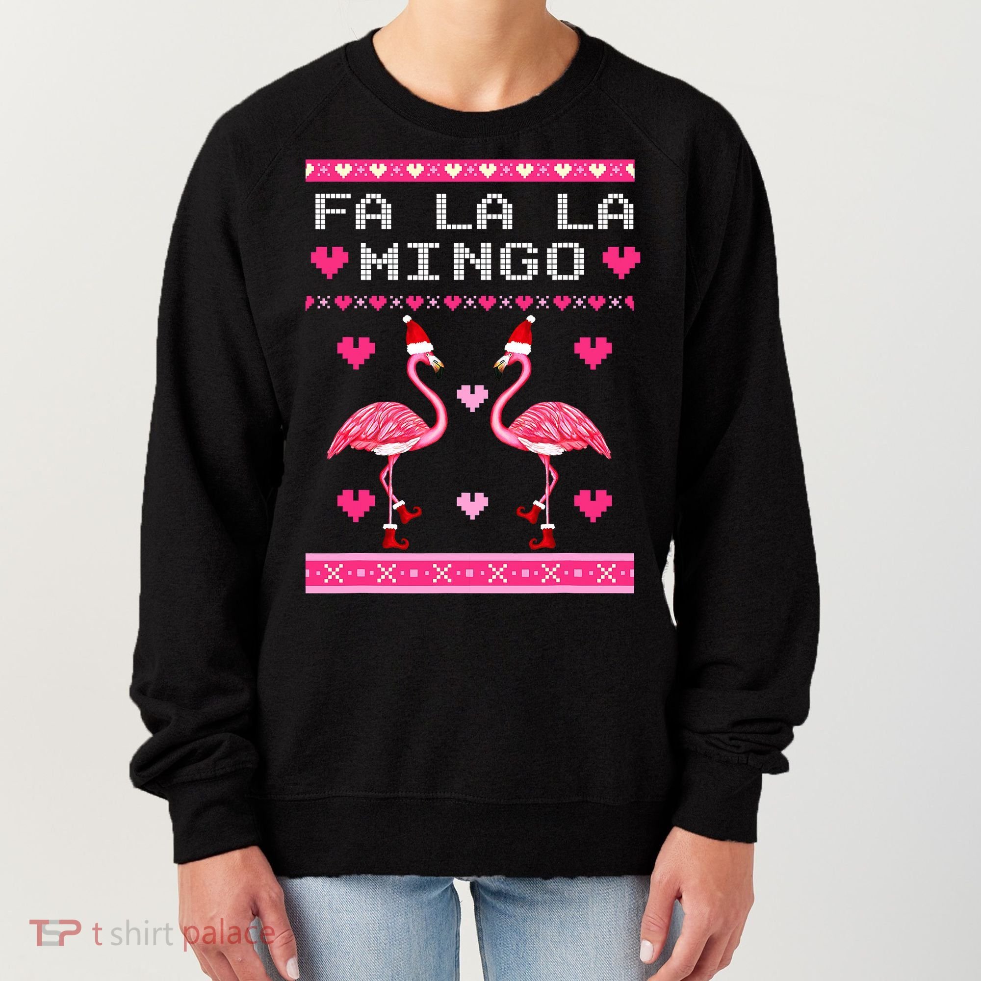 Fa la la Mingo Cute Pink Flamingo Santa Hat Merry Christmas Women's Sweatshirt