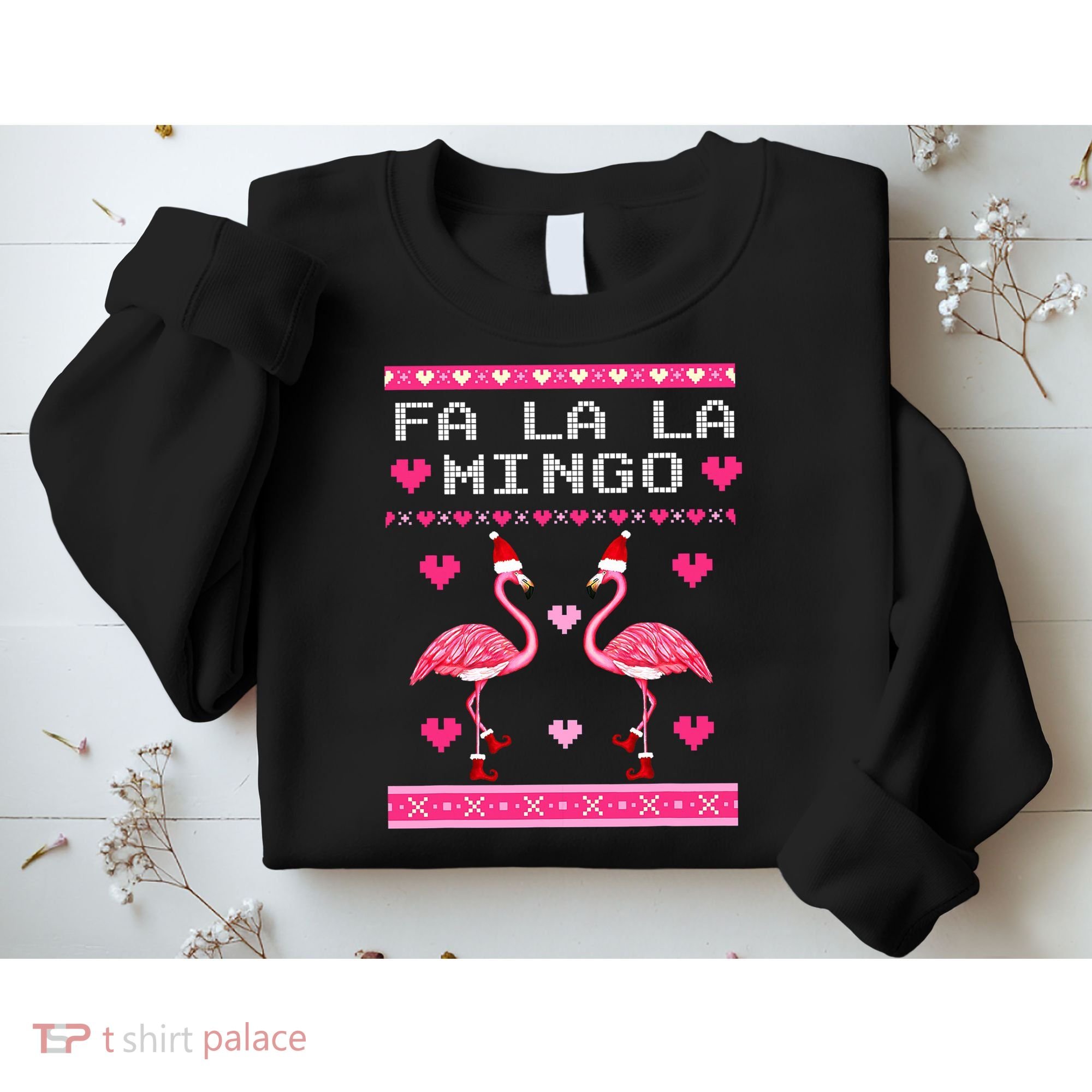Fa la la Mingo Cute Pink Flamingo Santa Hat Merry Christmas Sweatshirt