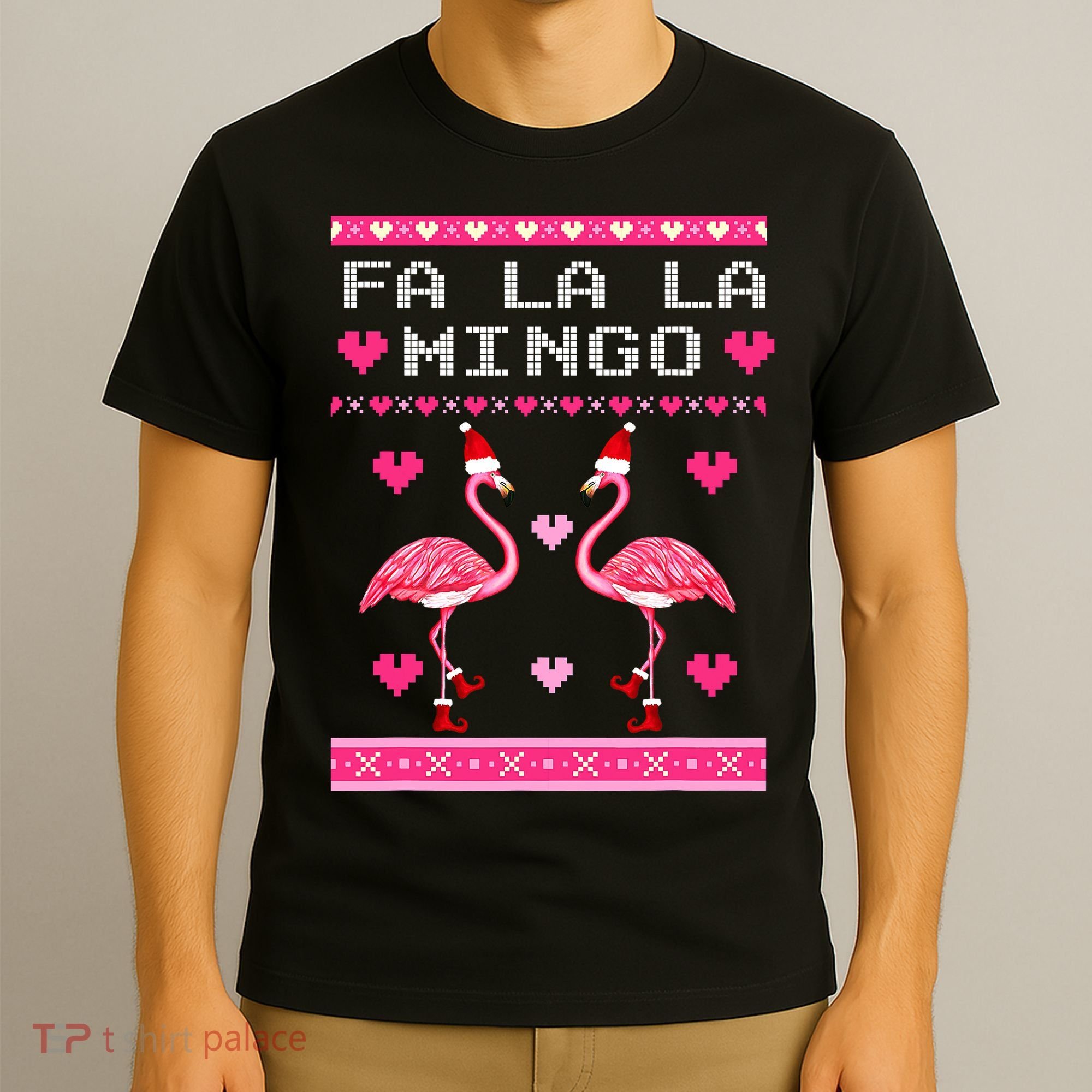 Fa la la Mingo Cute Pink Flamingo Santa Hat Merry Christmas T-Shirt
