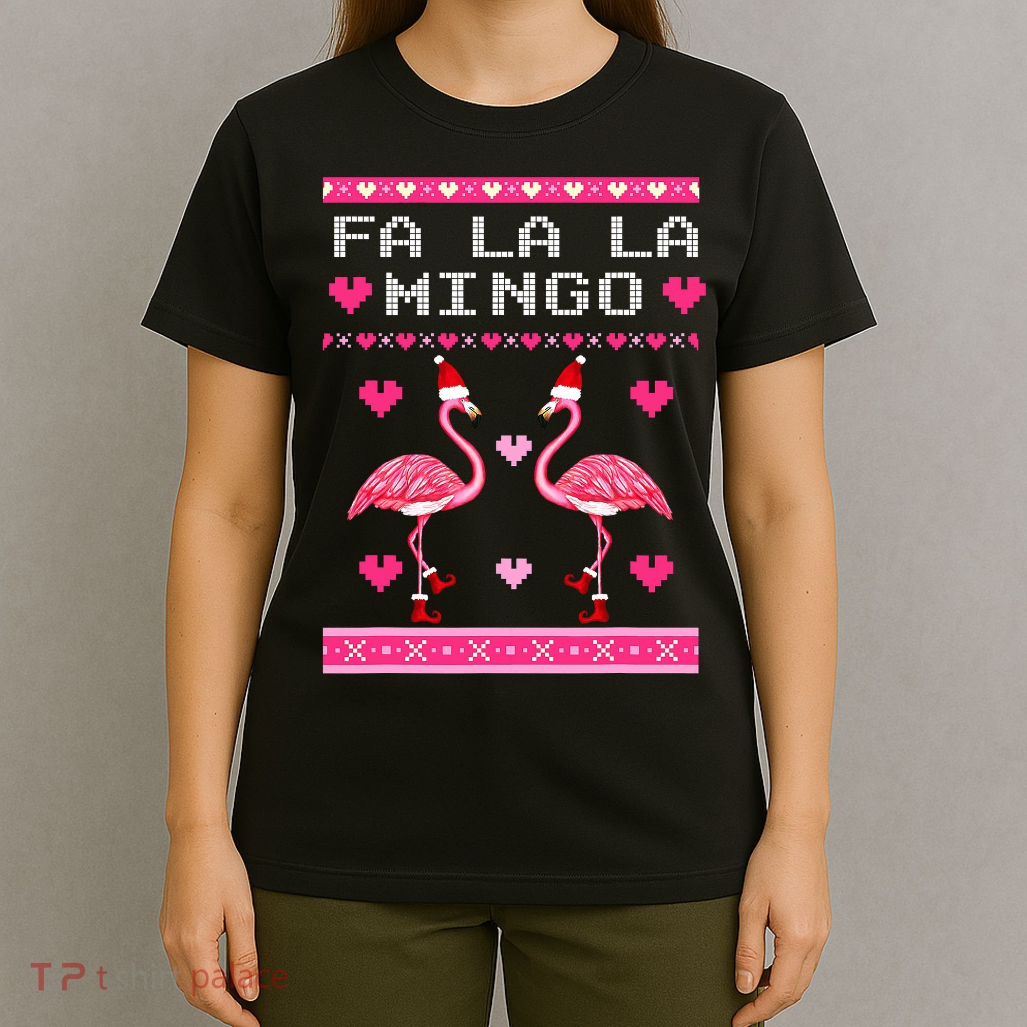 Fa la la Mingo Cute Pink Flamingo Santa Hat Merry Christmas T-Shirt
