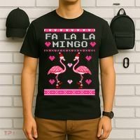 Fa la la Mingo Cute Pink Flamingo Santa Hat Merry Christmas T-Shirt thumb 6