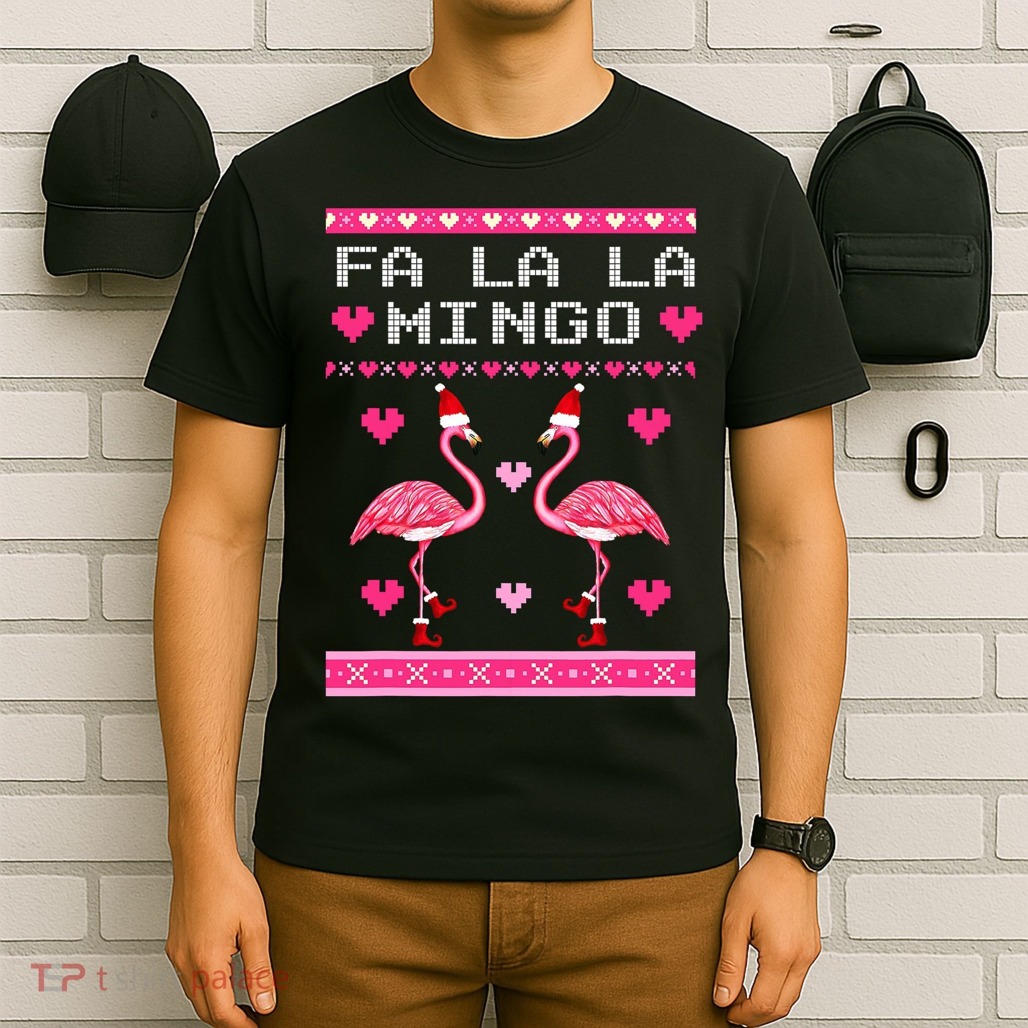 Fa la la Mingo Cute Pink Flamingo Santa Hat Merry Christmas T-Shirt