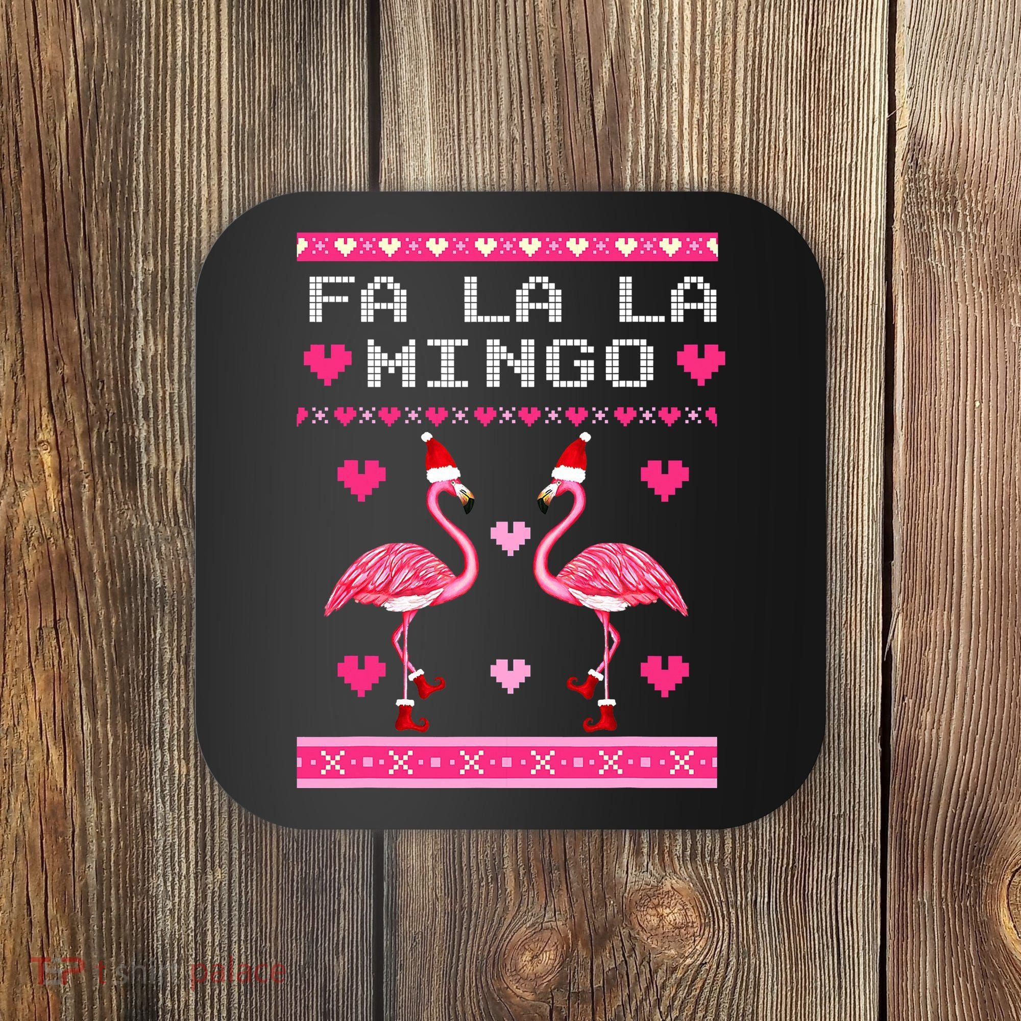 Fa la la Mingo Cute Pink Flamingo Santa Hat Merry Christmas Coaster