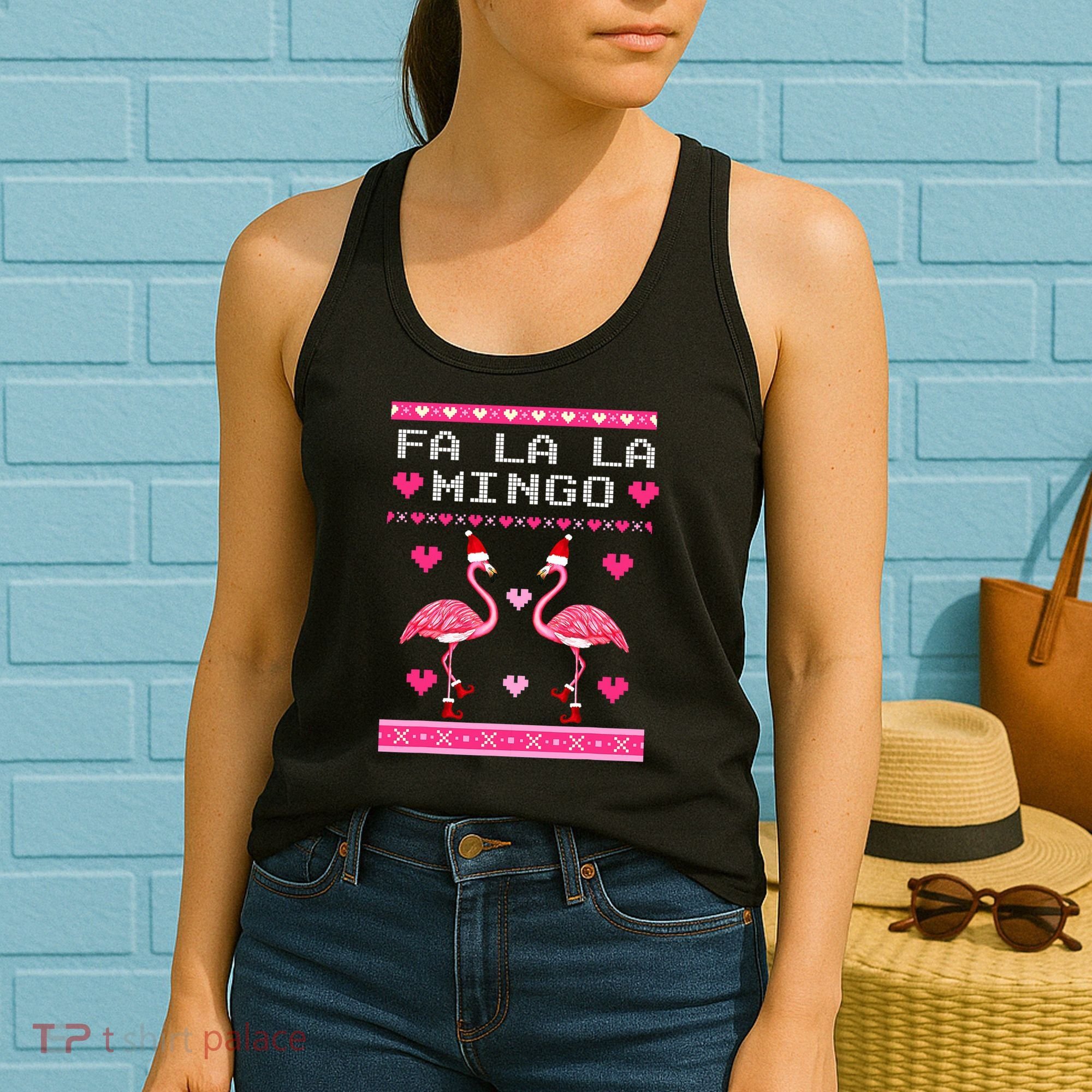 Fa la la Mingo Cute Pink Flamingo Santa Hat Merry Christmas Women's Tank Top