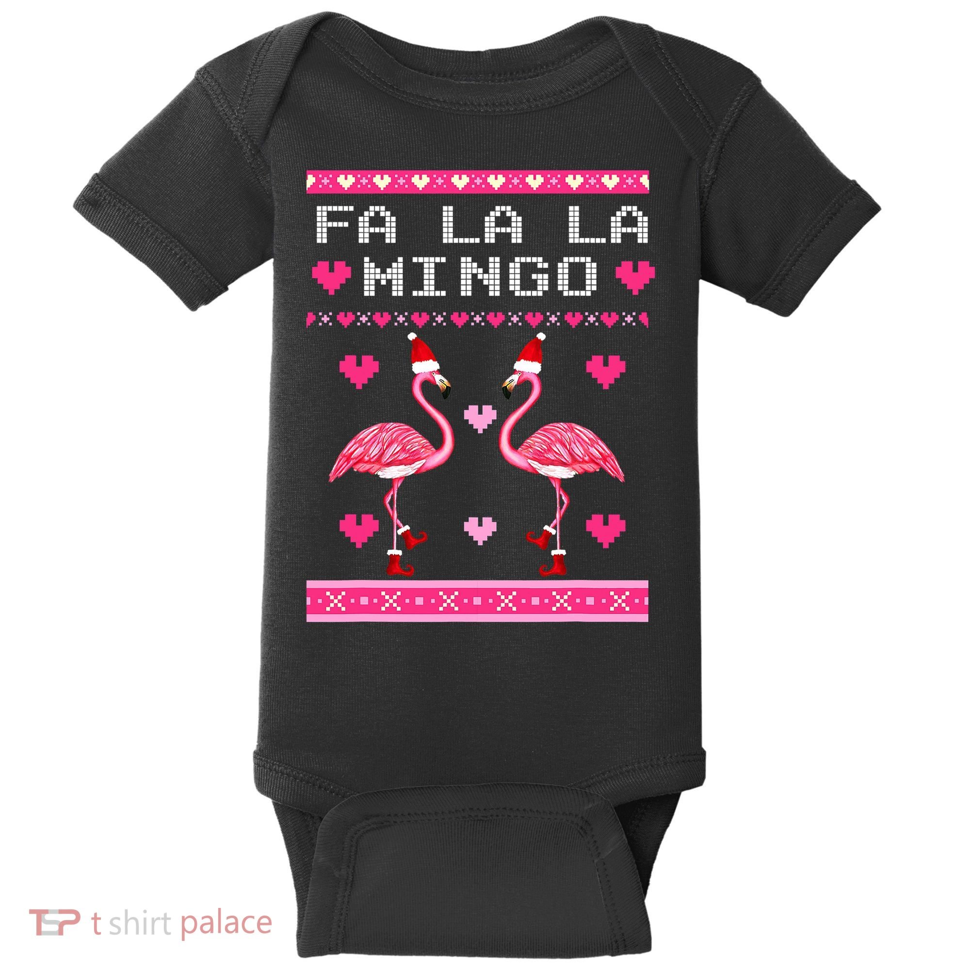 Fa la la Mingo Cute Pink Flamingo Santa Hat Merry Christmas Baby Bodysuit