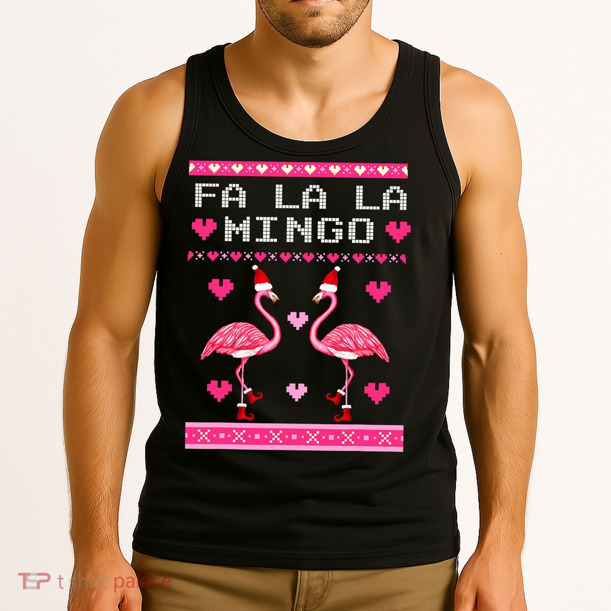 Fa la la Mingo Cute Pink Flamingo Santa Hat Merry Christmas Tank Top