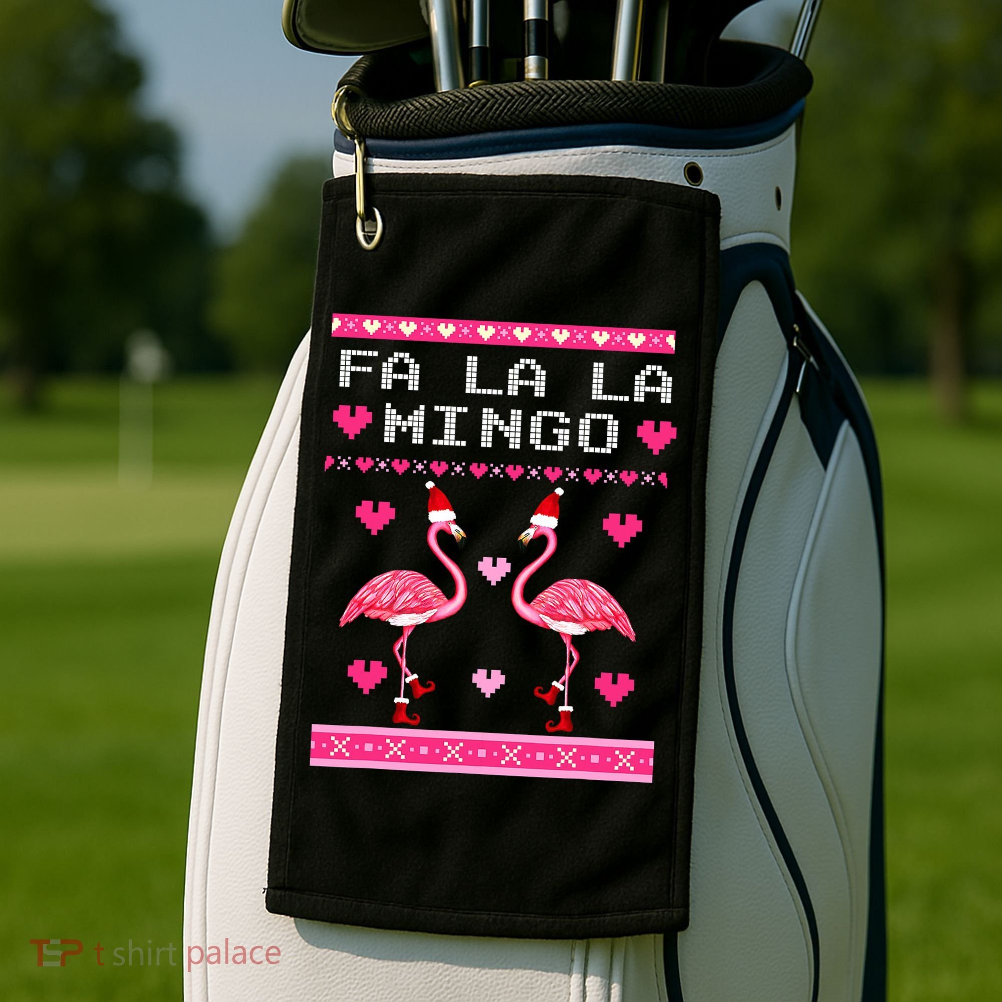 Fa la la Mingo Cute Pink Flamingo Santa Hat Merry Christmas Golf Towel