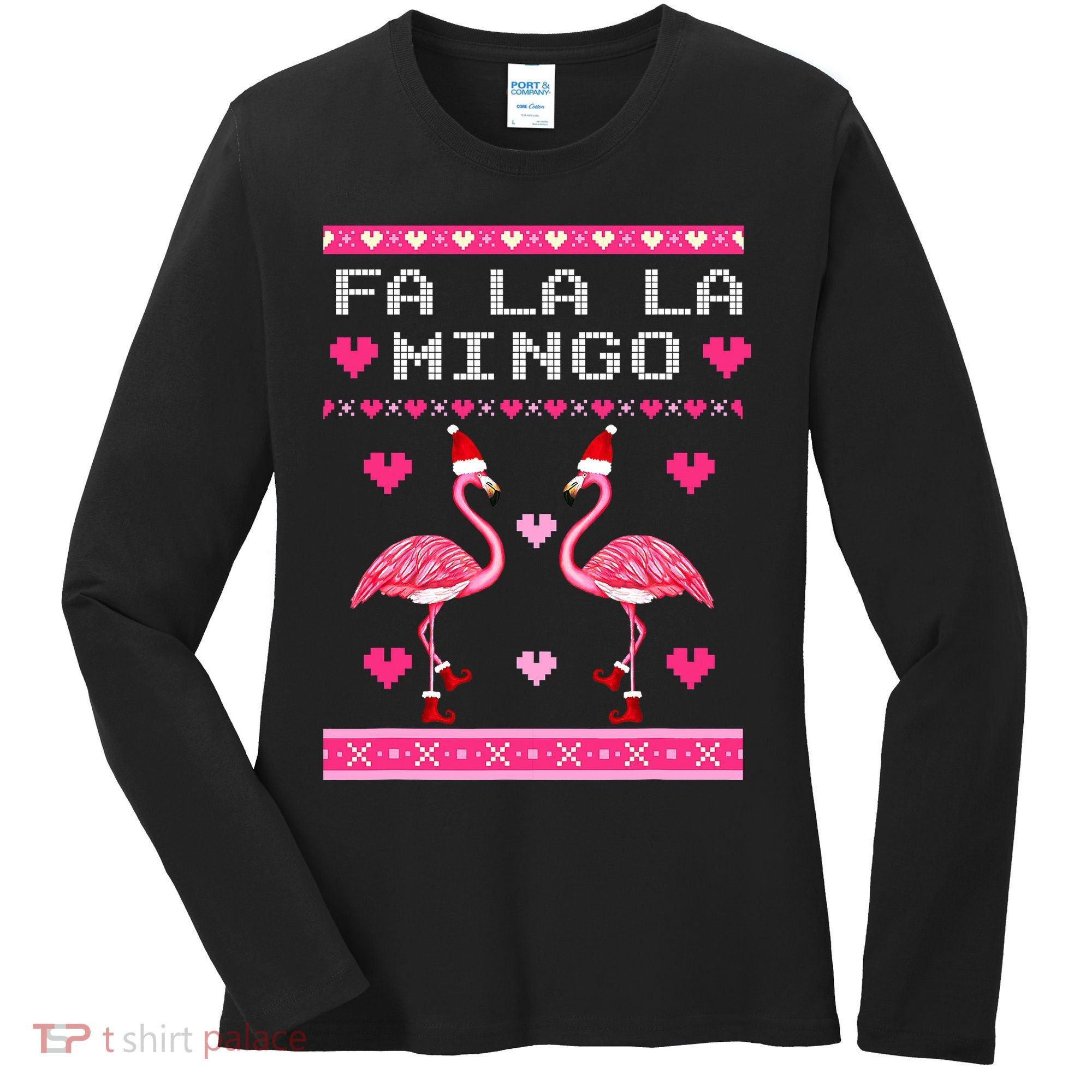 Fa la la Mingo Cute Pink Flamingo Santa Hat Merry Christmas Women's Long Sleeve Shirt