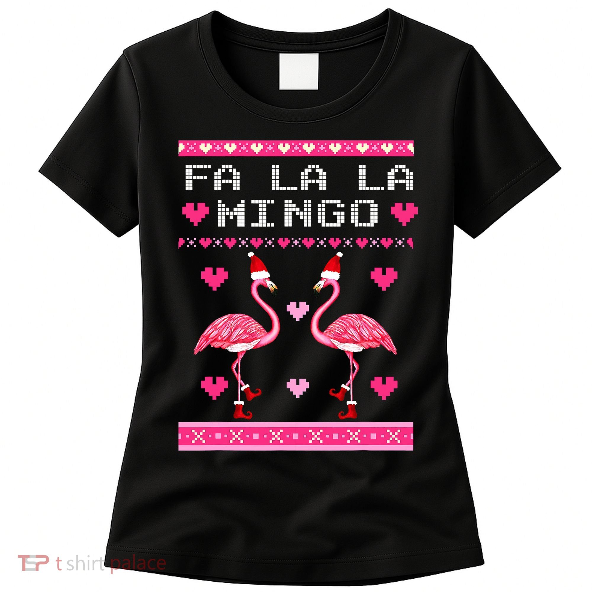 Fa la la Mingo Cute Pink Flamingo Santa Hat Merry Christmas Women's T-Shirt