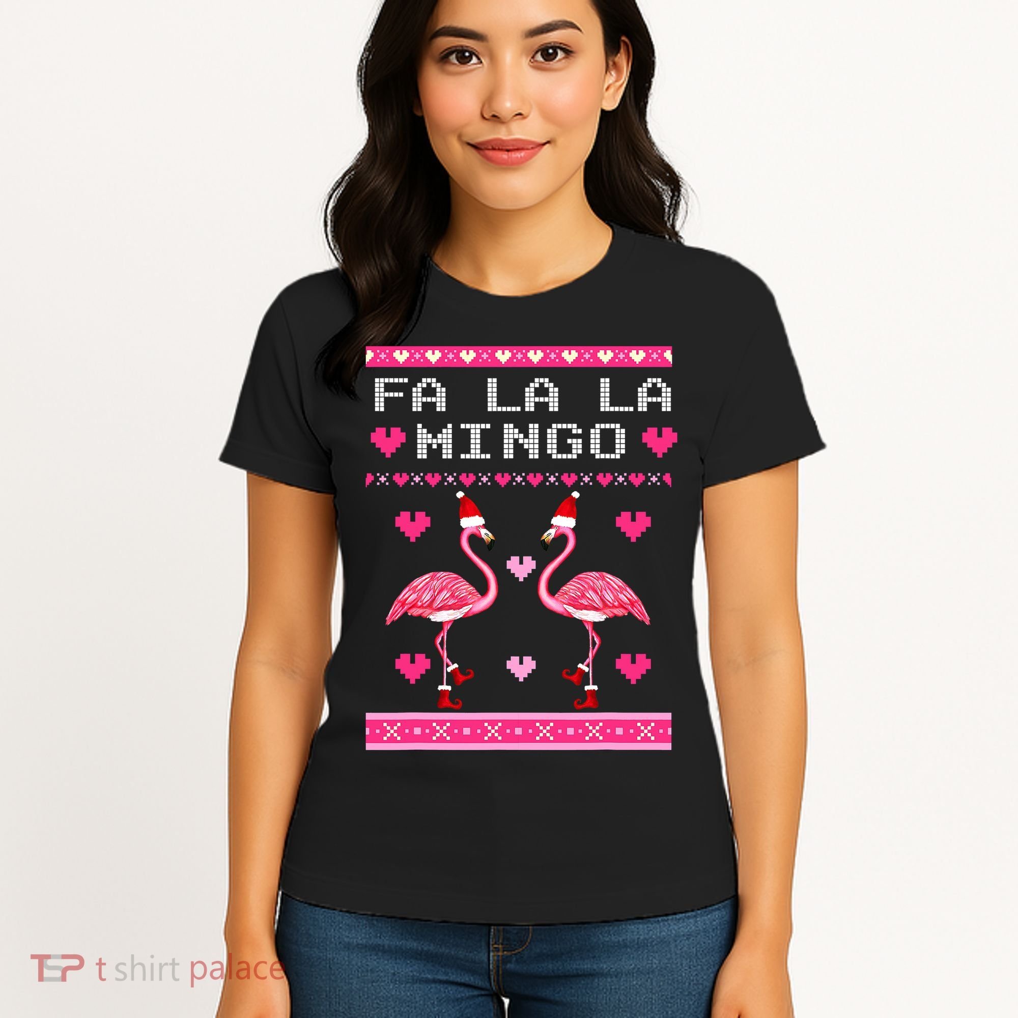 Fa la la Mingo Cute Pink Flamingo Santa Hat Merry Christmas Women's T-Shirt