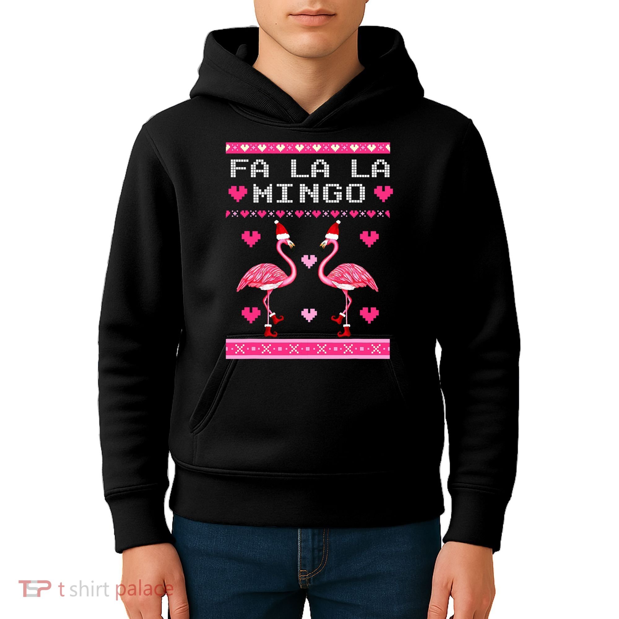 Fa la la Mingo Cute Pink Flamingo Santa Hat Merry Christmas Kids Hoodie