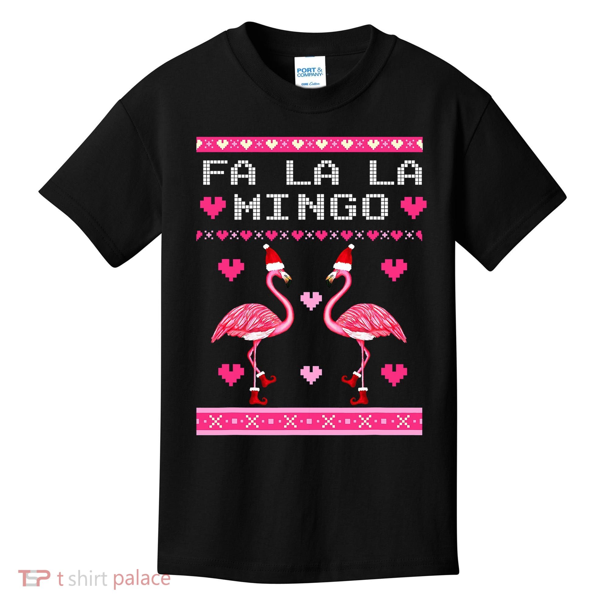 Fa la la Mingo Cute Pink Flamingo Santa Hat Merry Christmas Kids T-Shirt