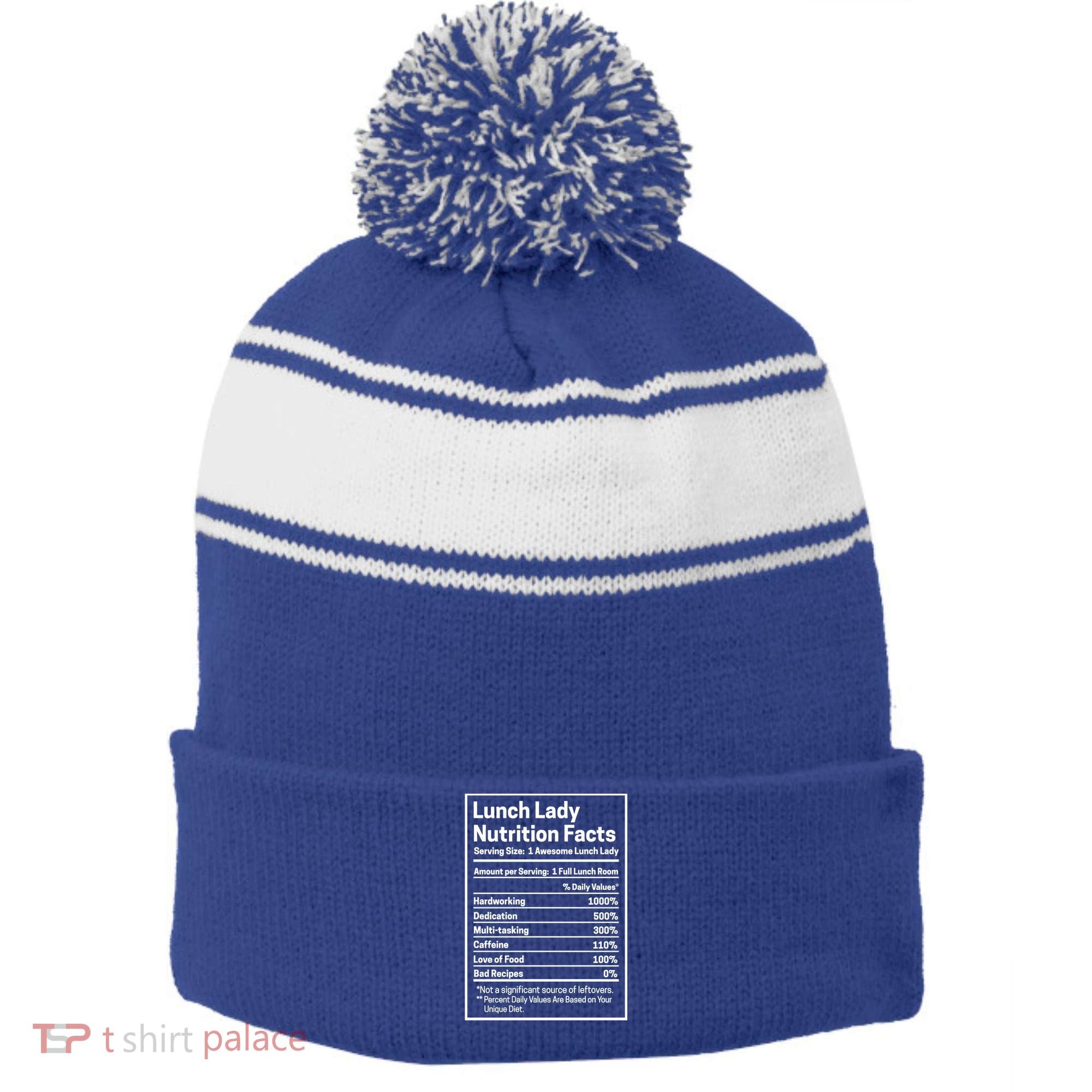 Funny Lunch Lady Nutrition Facts School Cafeteria Cooks Cool Gift Stripe Pom Pom Beanie