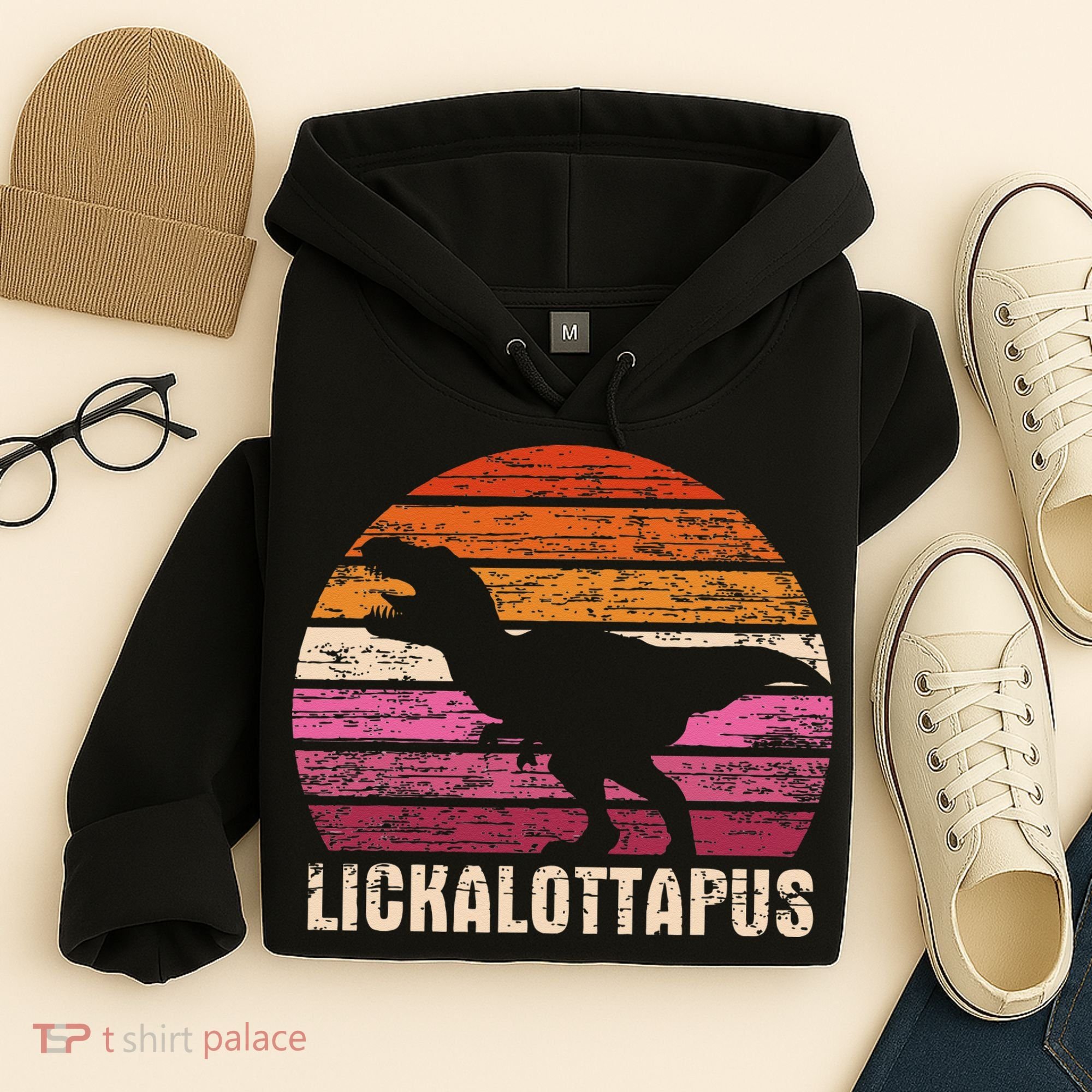 Funny Lesbian Lickalottapus Dinosaurs LGBTQ Pride Flag Retro Hoodie