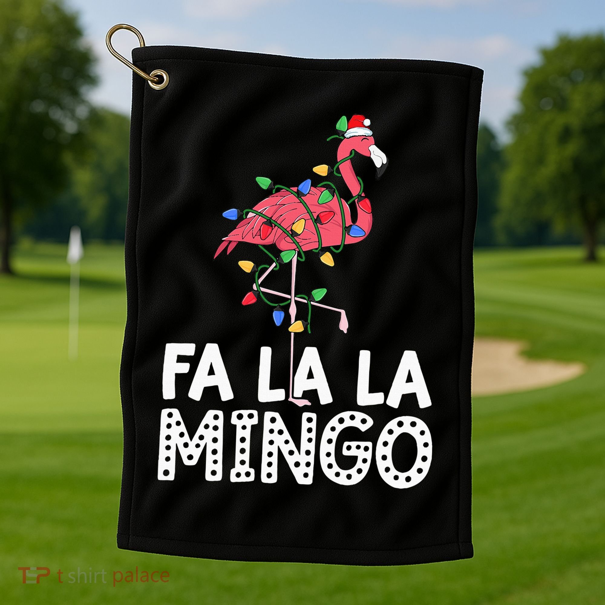 Fa La La Mingo Flamingo Christmas Tree Lights Tropical Xmas Golf Towel
