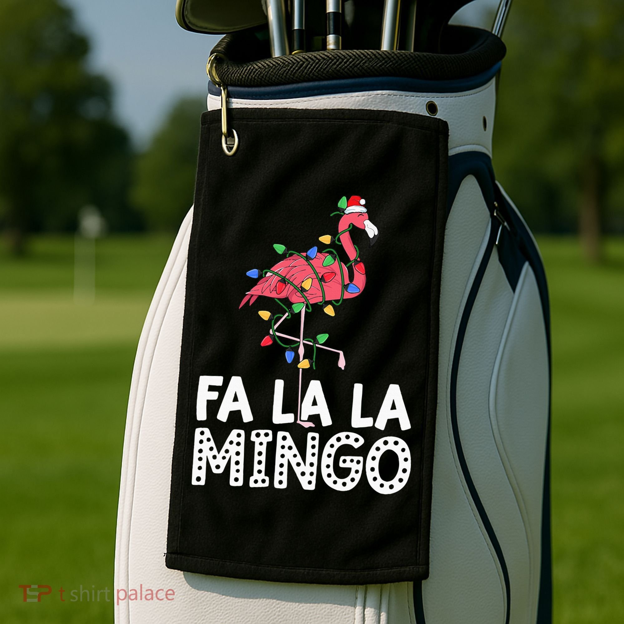 Fa La La Mingo Flamingo Christmas Tree Lights Tropical Xmas Golf Towel
