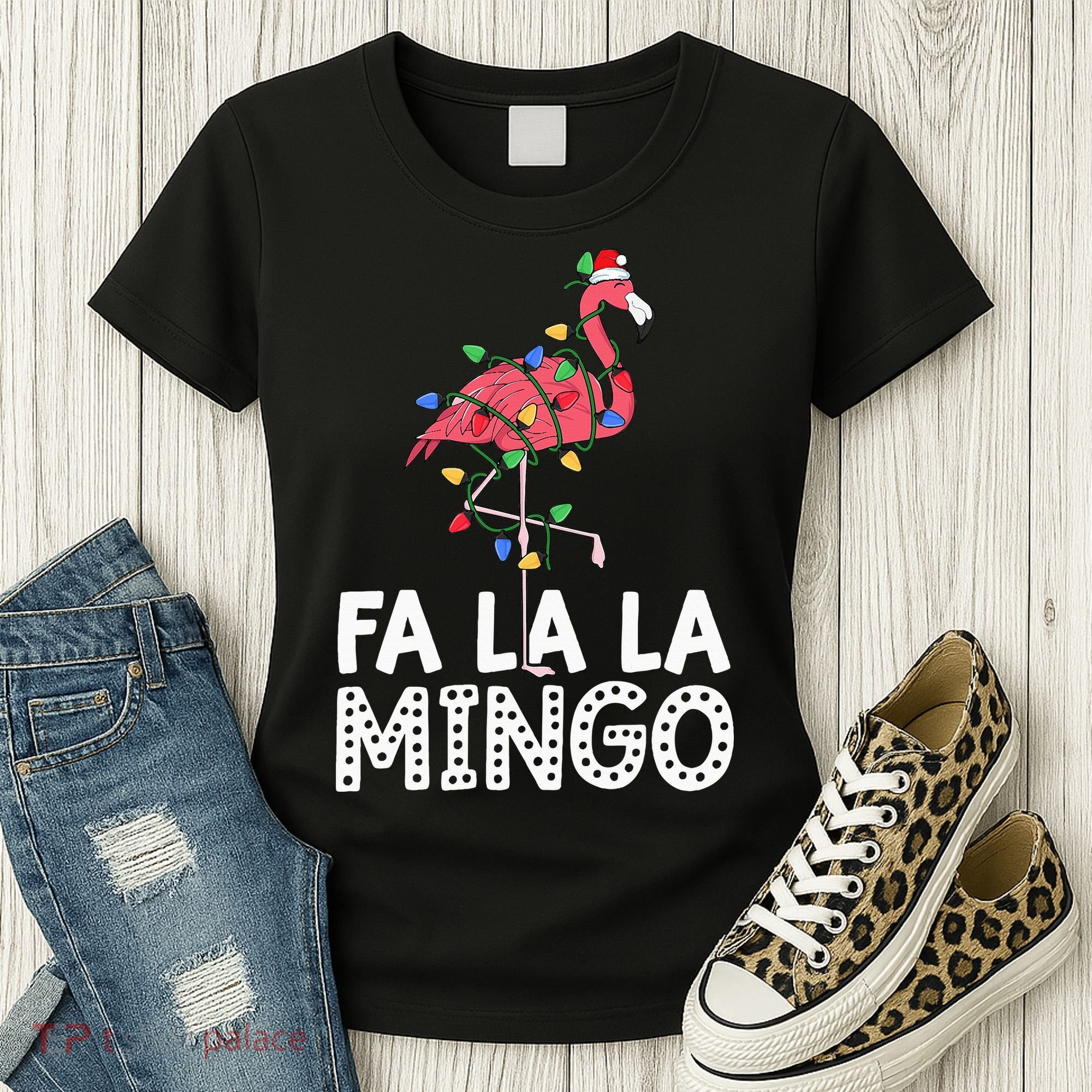 Fa La La Mingo Flamingo Christmas Tree Lights Tropical Xmas Women's T-Shirt