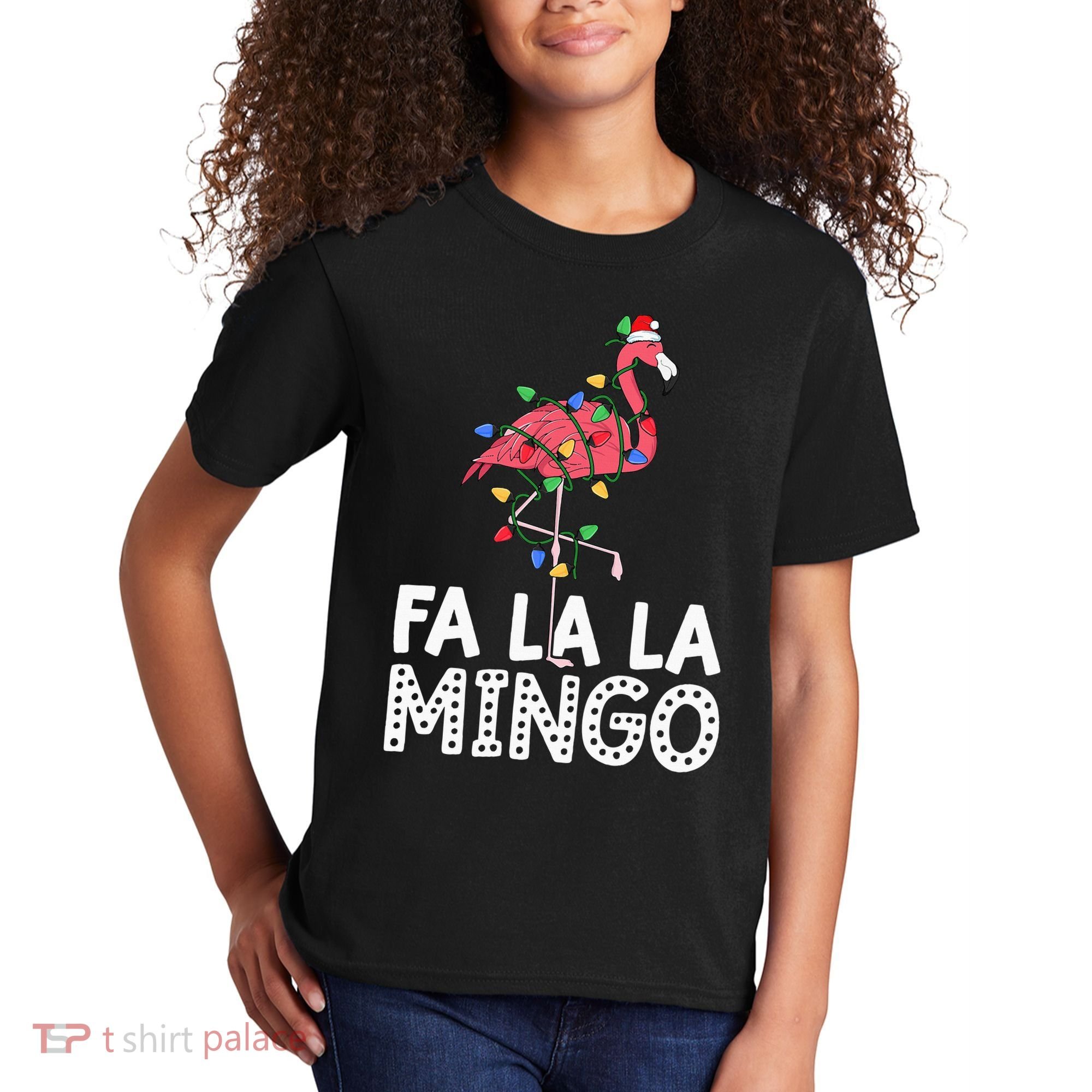 Fa La La Mingo Flamingo Christmas Tree Lights Tropical Xmas Kids T-Shirt