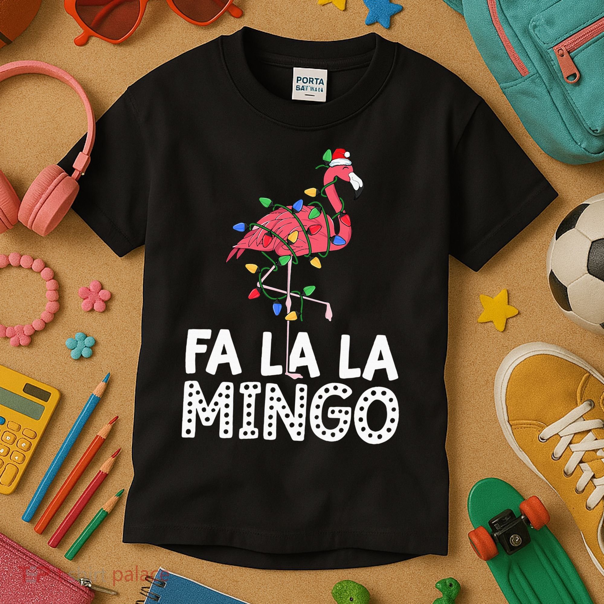 Fa La La Mingo Flamingo Christmas Tree Lights Tropical Xmas Kids T-Shirt