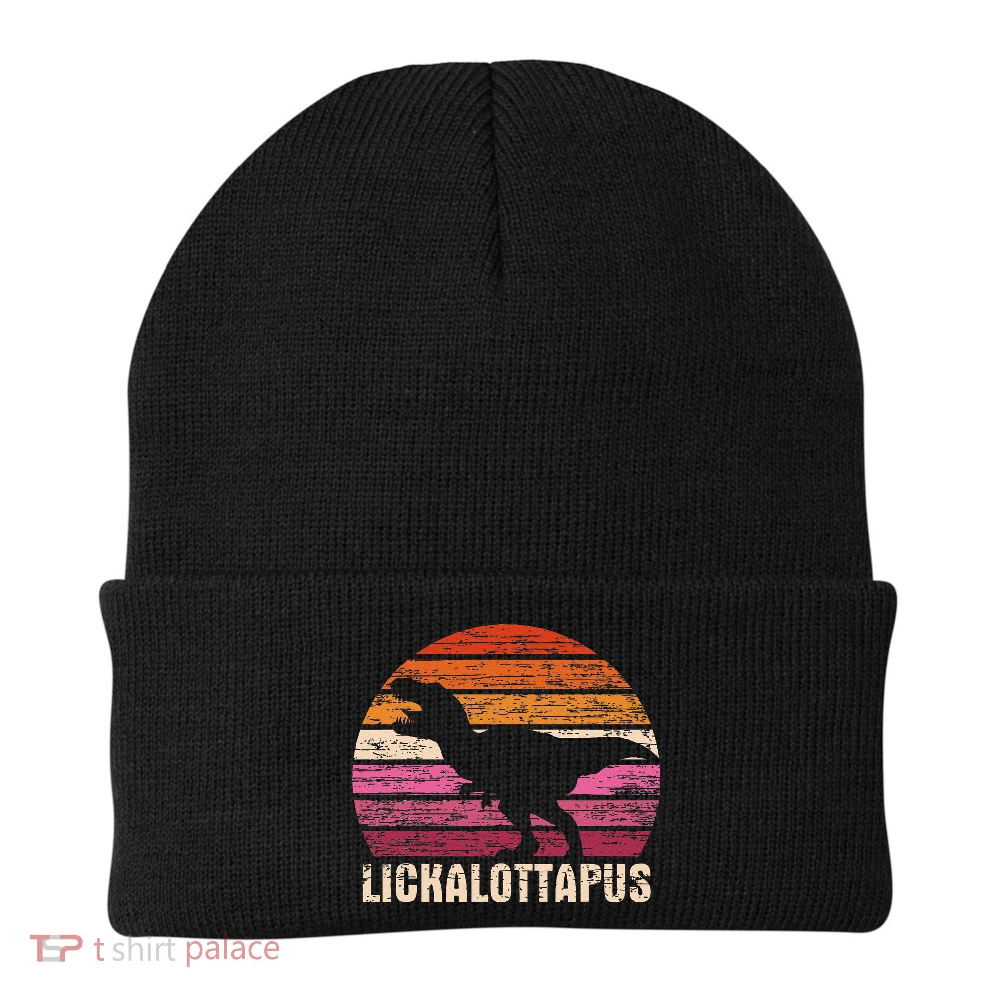 Funny Lesbian Lickalottapus Dinosaurs LGBTQ Pride Flag Retro Beanie