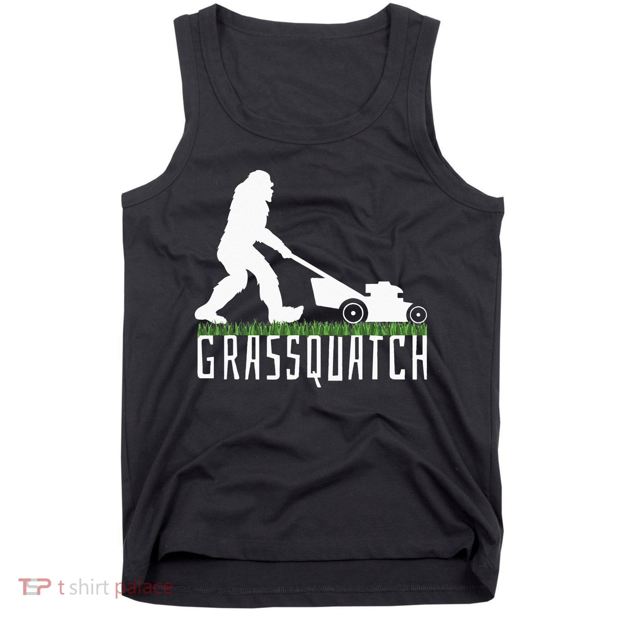 Funny Lawn Mowing Grassquatch Bigfoot Lawn Mower Tank Top