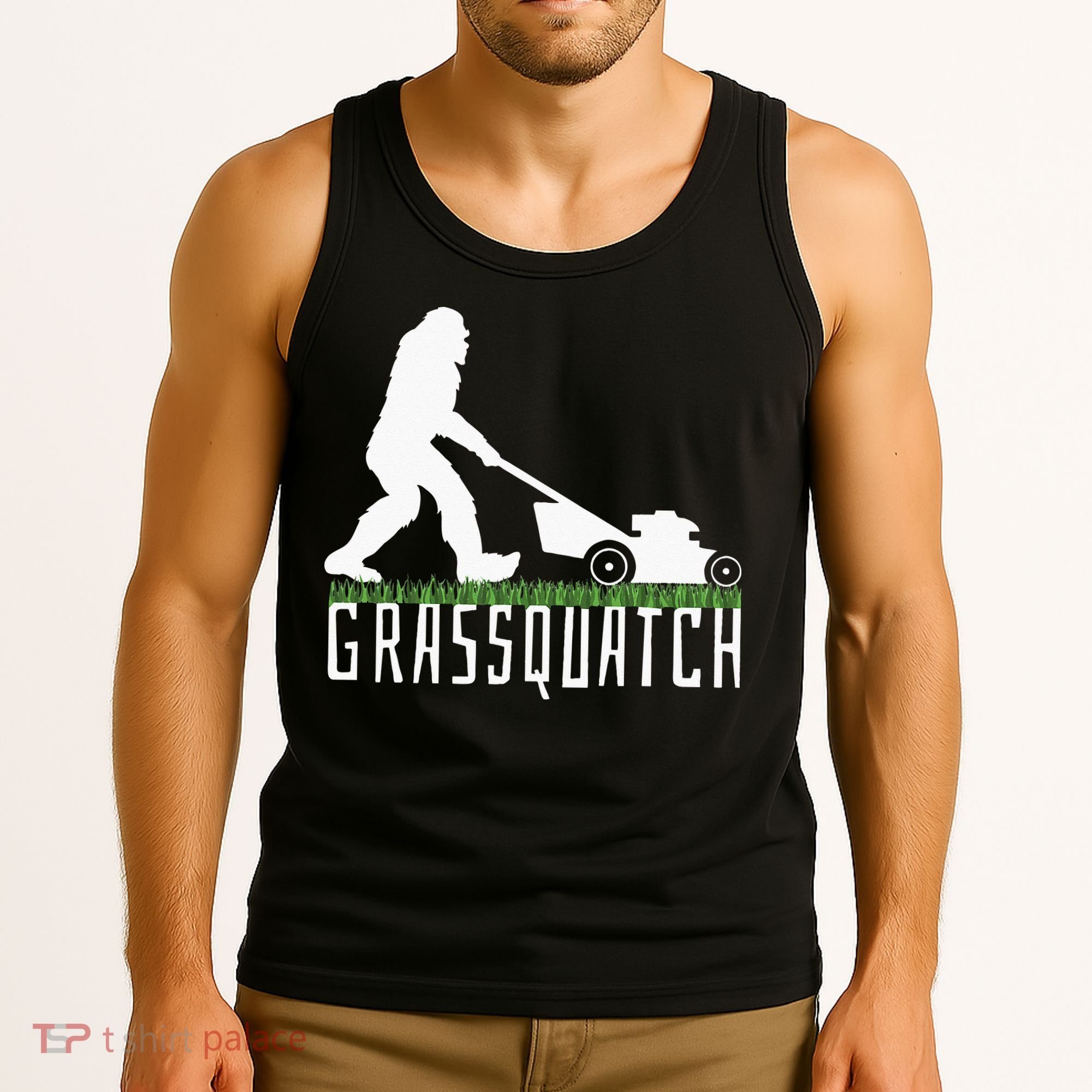 Funny Lawn Mowing Grassquatch Bigfoot Lawn Mower Tank Top
