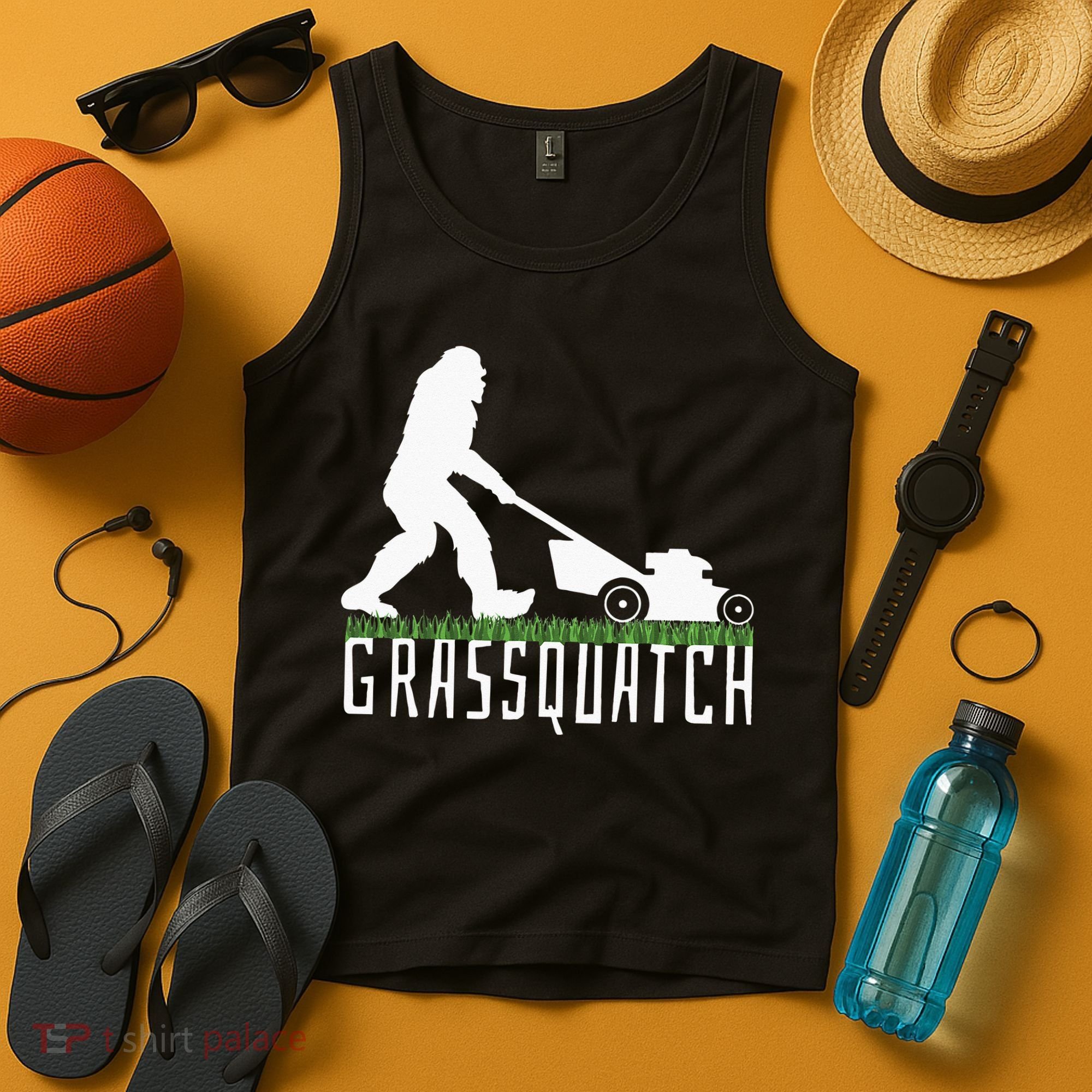 Funny Lawn Mowing Grassquatch Bigfoot Lawn Mower Tank Top