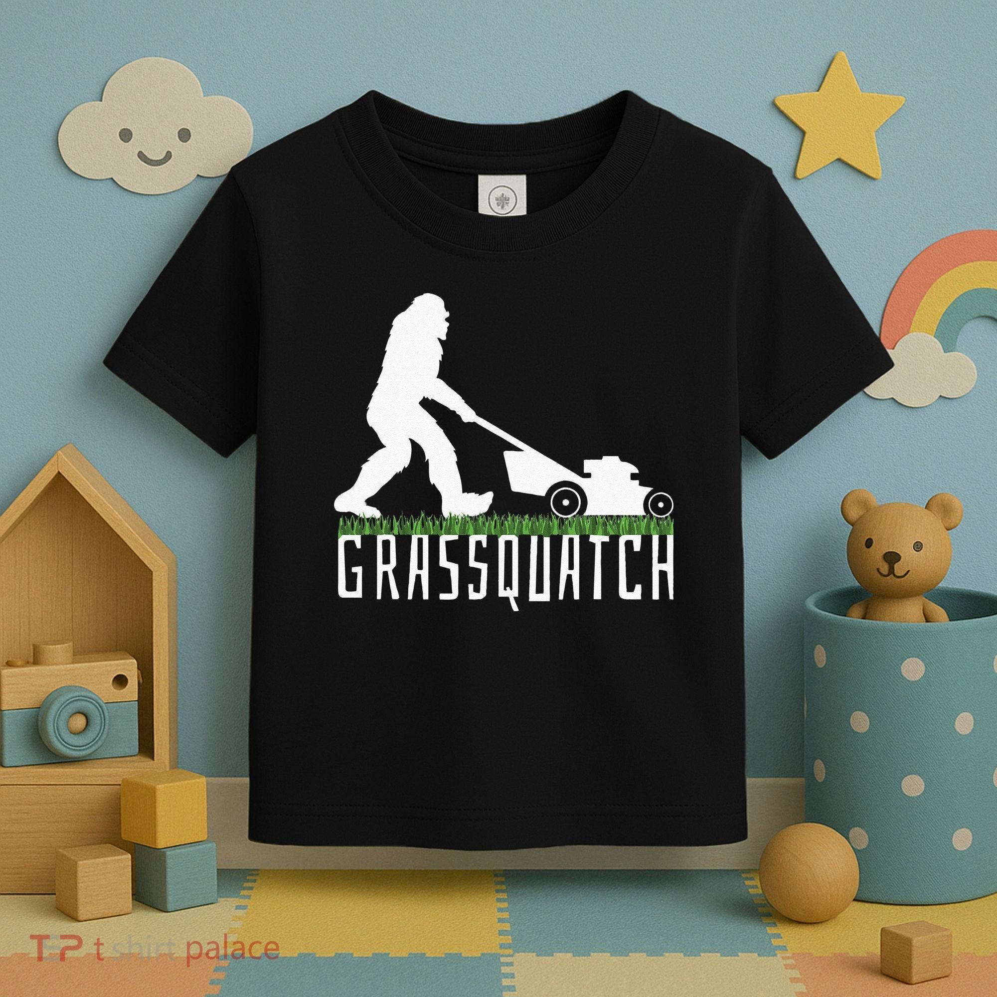 Funny Lawn Mowing Grassquatch Bigfoot Lawn Mower Toddler T-Shirt