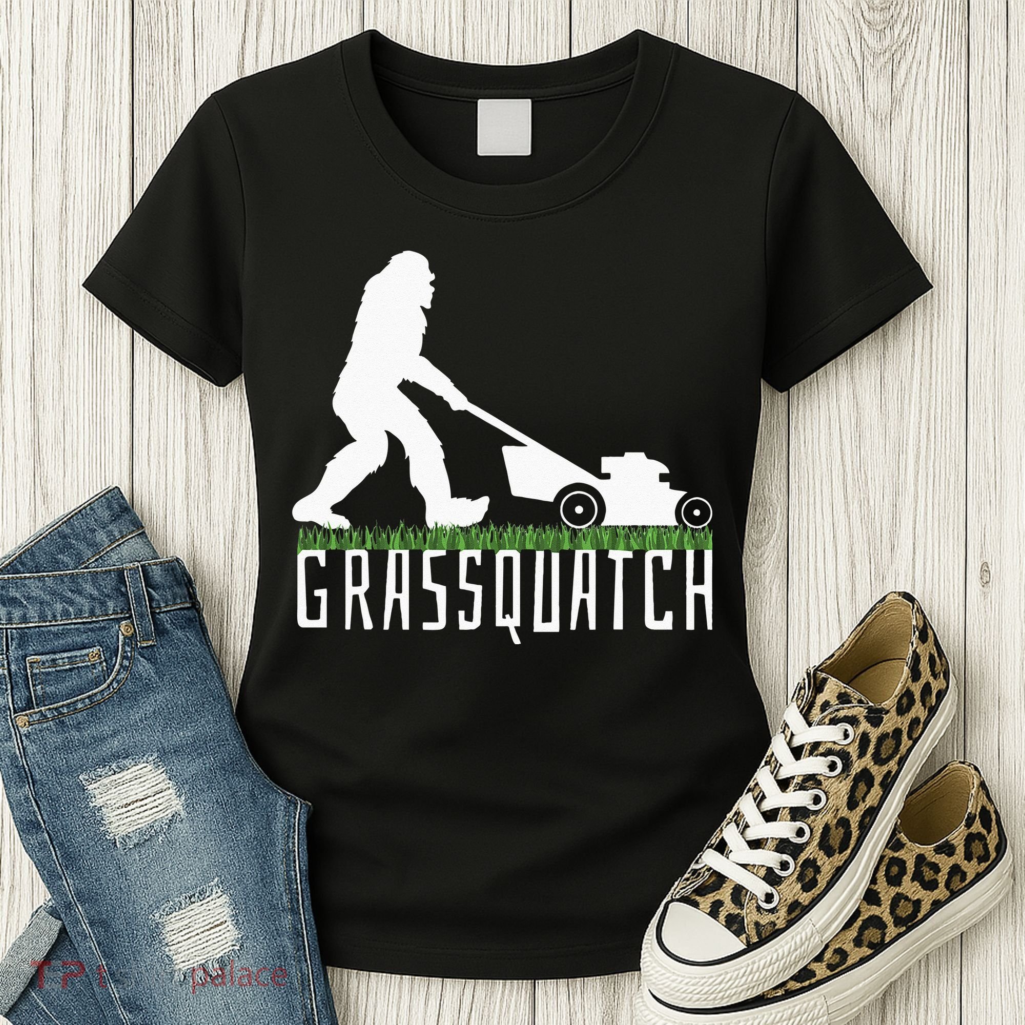 Funny Lawn Mowing Grassquatch Bigfoot Lawn Mower Women's T-Shirt