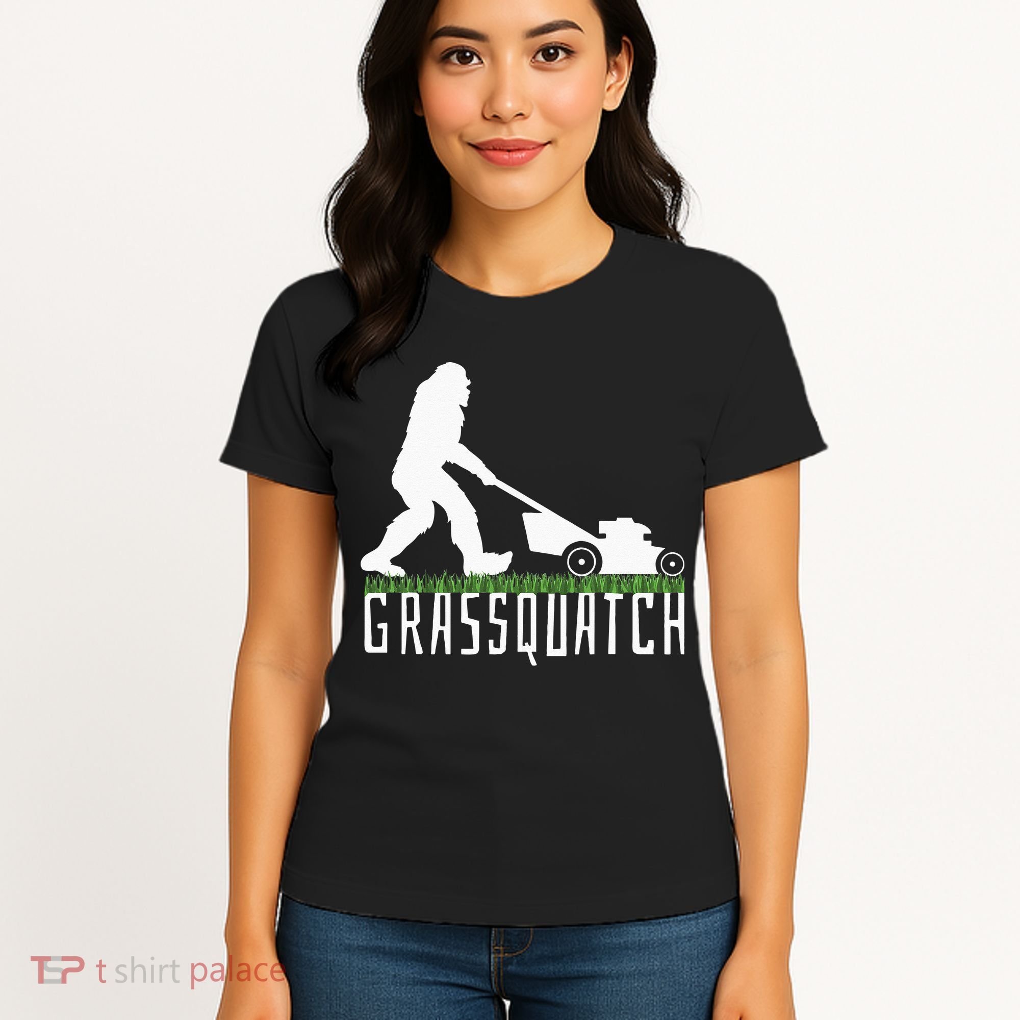 Funny Lawn Mowing Grassquatch Bigfoot Lawn Mower Women's T-Shirt